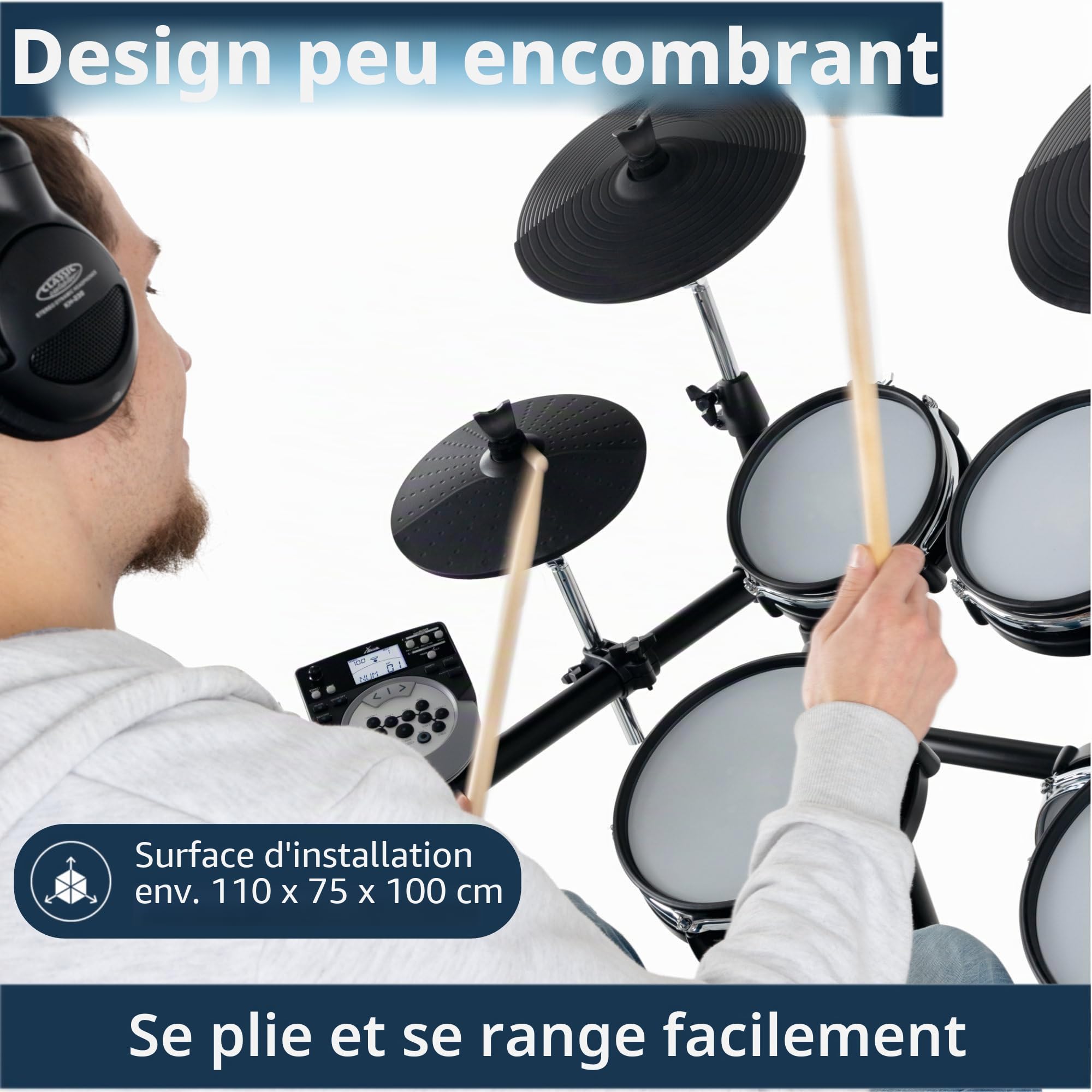 XDrum DD-530 Mesh Heads E-Drum Maxi Kit, Rack batterie, 3x 10"), 2x Crash | 5 pads batterie stéréo avec mesh heads (2x 8", 3x 10"), 4 pads cymbales stéréo (1x HiHat, 1x Ride), 1 pad kick, 1 pédale kick