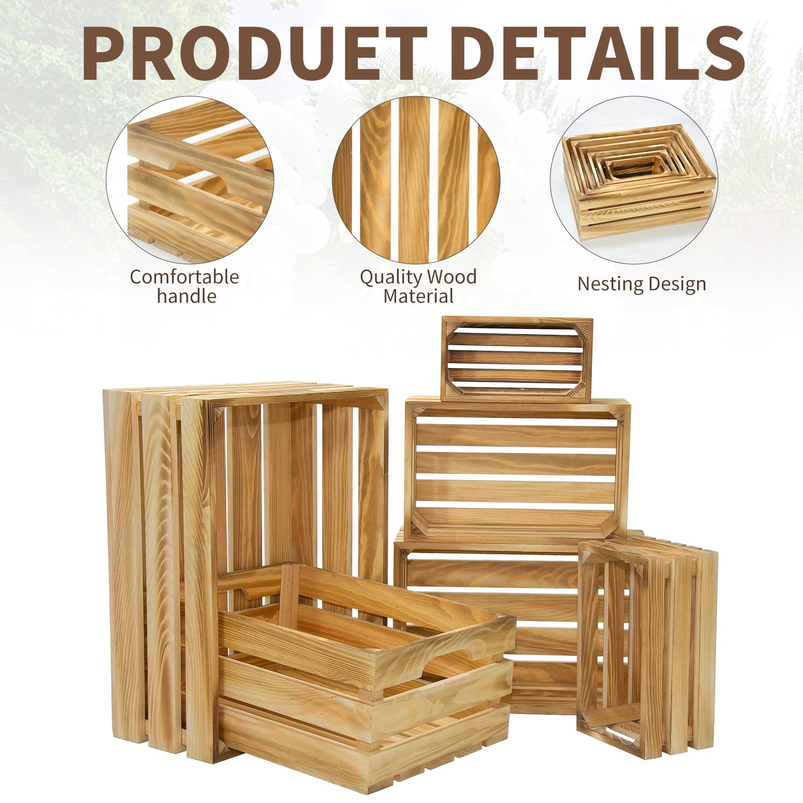 Cajas decorativas de madera para almacenamiento, 6 unidades, cestas de madera para almacenamiento y exhibición, juego de cajas decorativas rústicas con asa