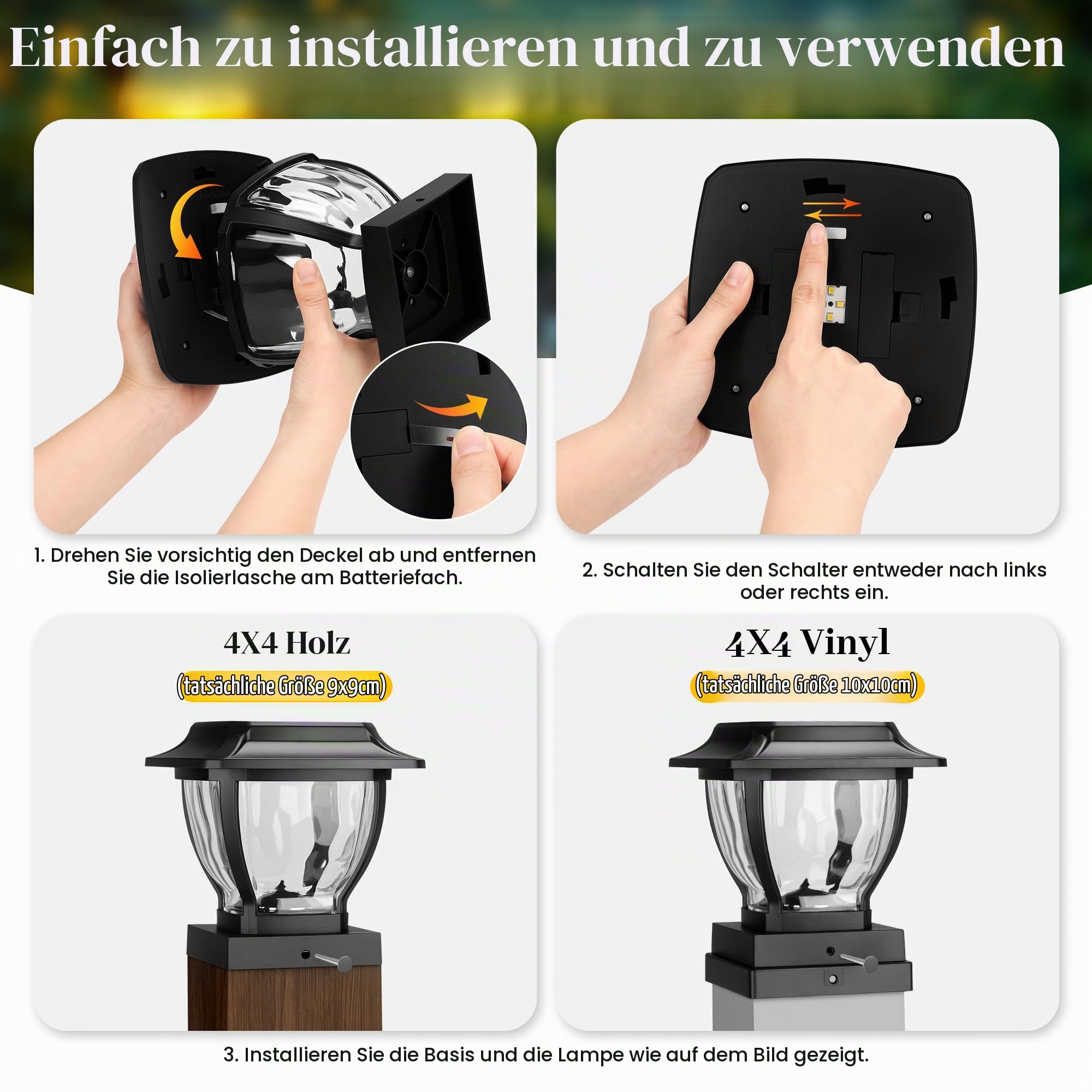 TOSHIN Solar Pfostenkappen Licht, LED Pfostenleuchte Außen, 2 Modi Solar-LED-Wegleuchten für den Außenbereich für Garten, Terrasse, Landschaft, Gehweg (4 Stück, Warmweiß)