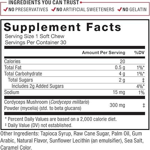 Miniatura 6 de FORCE FACTOR Modern Mushrooms Soft Chews, suplemento de hongos Cordyceps para apoyar el alivio del estrés, la energía y la vitalidad, suplemento