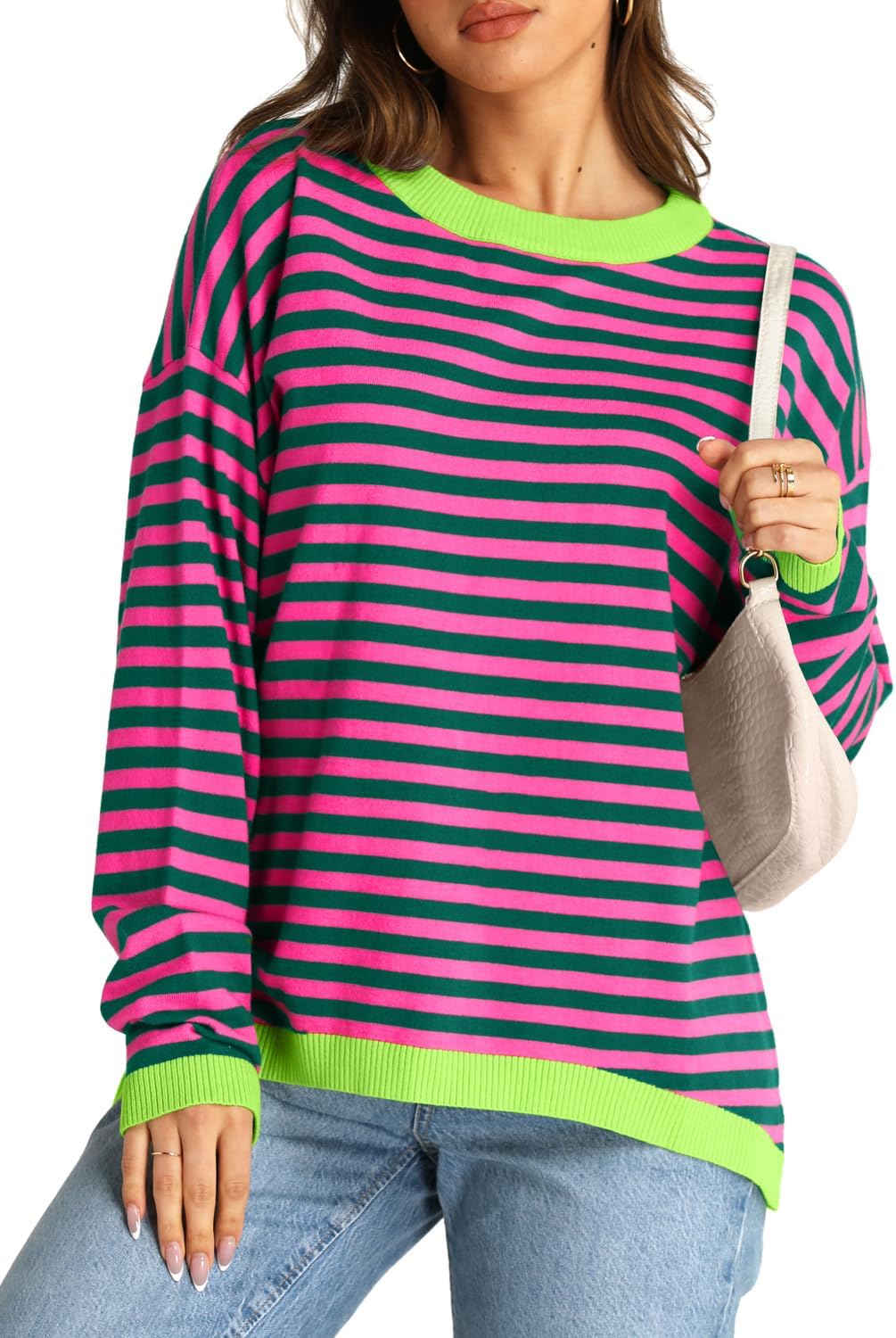 YEXIPO Womens Sweaters Striped 2024 Fall Long Sleeve Crewneck Casual Knit Lightweight Oversized Pullover Sweater Tops