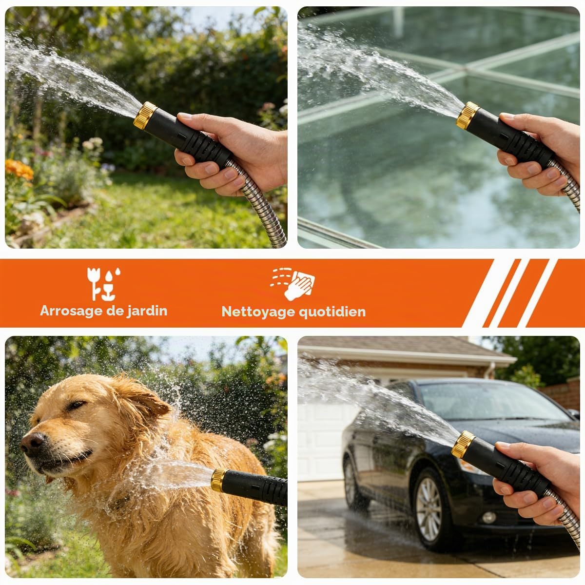 HERZO Tuyau d'arrosage en acier inoxydable 15 m, tuyau d'eau flexible en métal, sans pli, léger, avec raccords robustes, adapté pour l'arrosage de jardin, le lavage de voiture et le nettoyage