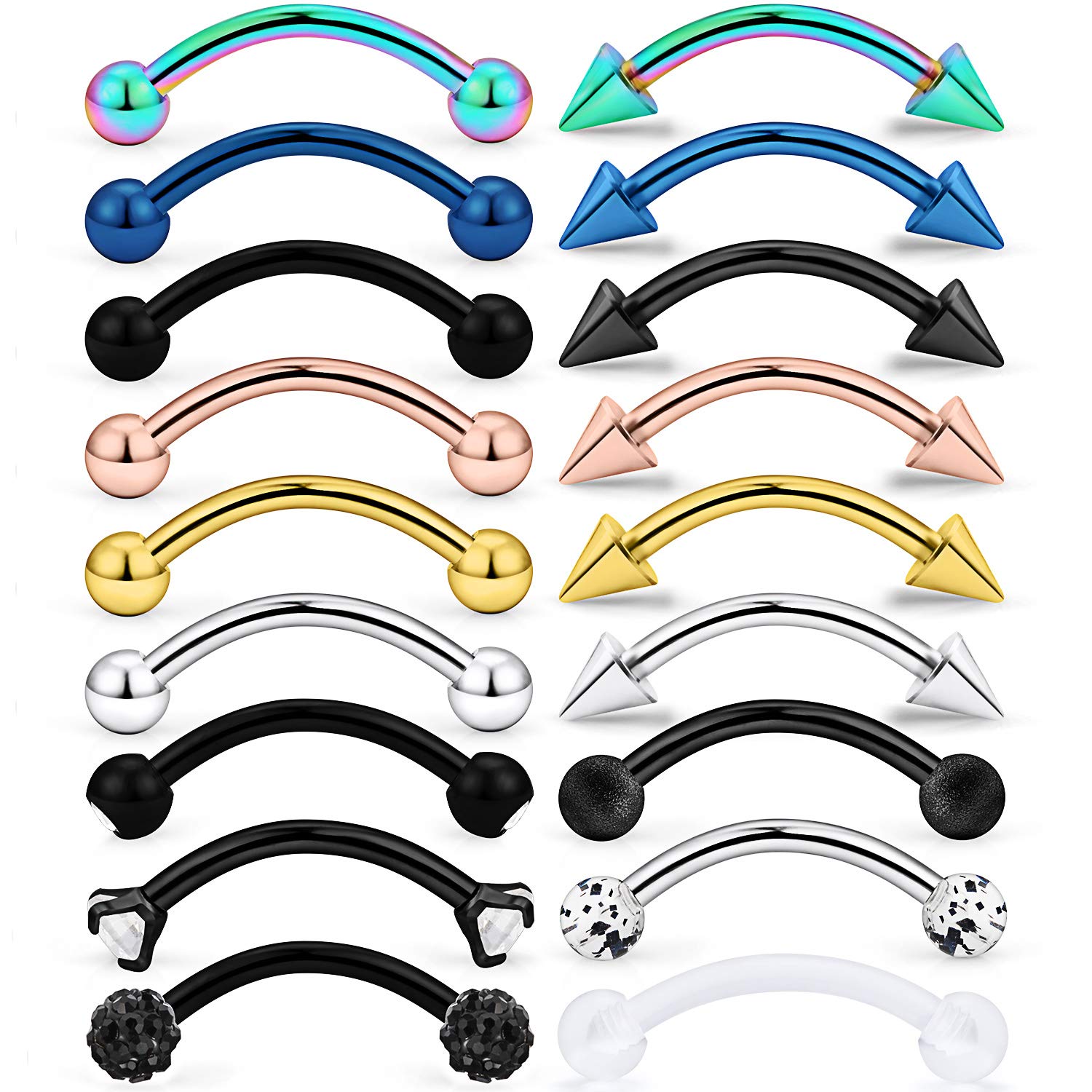 Hoeudjo Eyebrow Ring 16G Surgical Steel Curved Barbell Ball Kit Diamond CZ Tragus Studs Daith Rook Ring Body Piercing Jewelry for Women Men 12-18Pcs