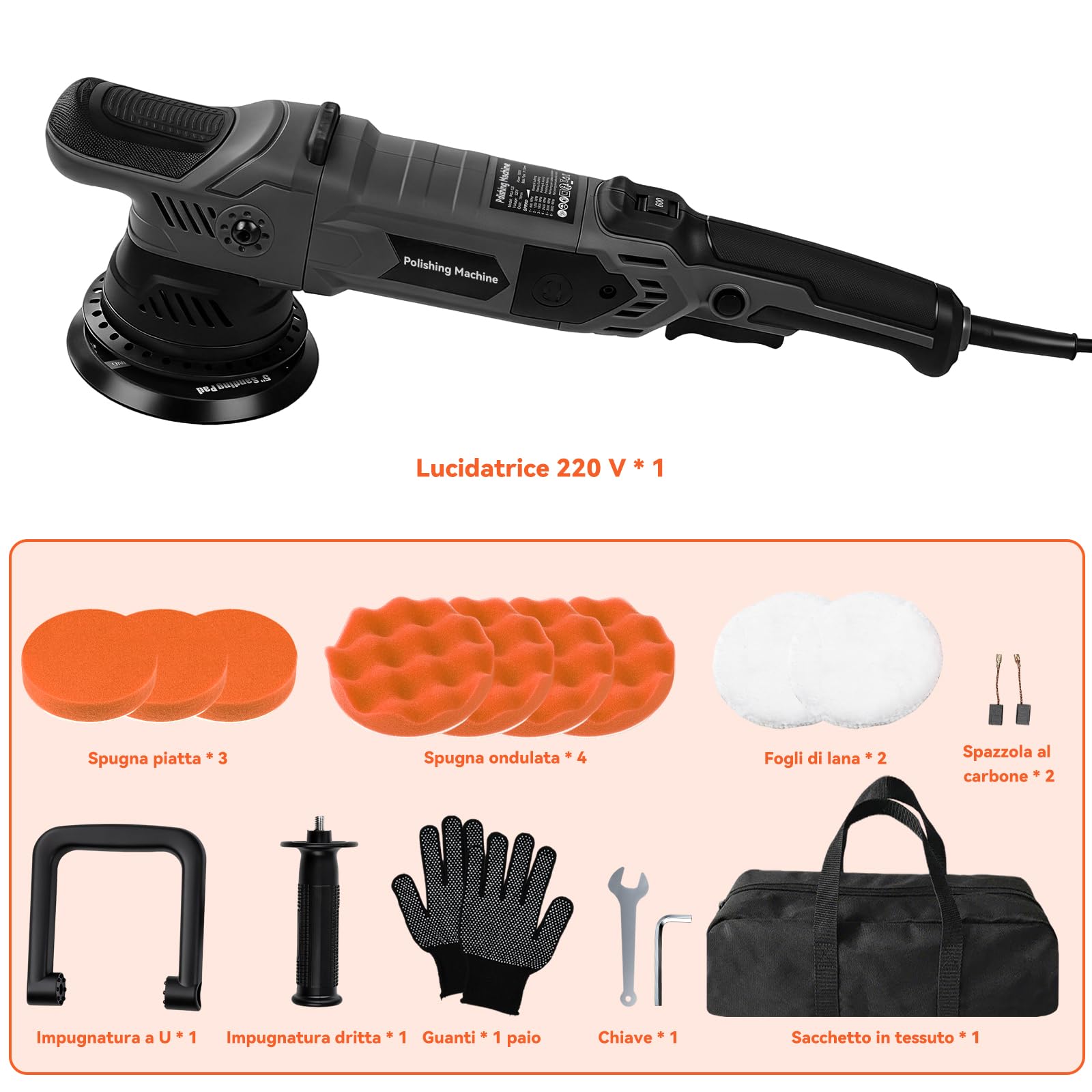 Lucidatrice Rotorbitale Auto, 1500W 15mm Lucidatrice Eccentrica Per Auto Lucidatura E Cera Con 6 Velocità Variabili Da 600-3600rpm, Kit Lucidatura Auto Elettrica Con 2 Impugnatura, 150mm Piastra