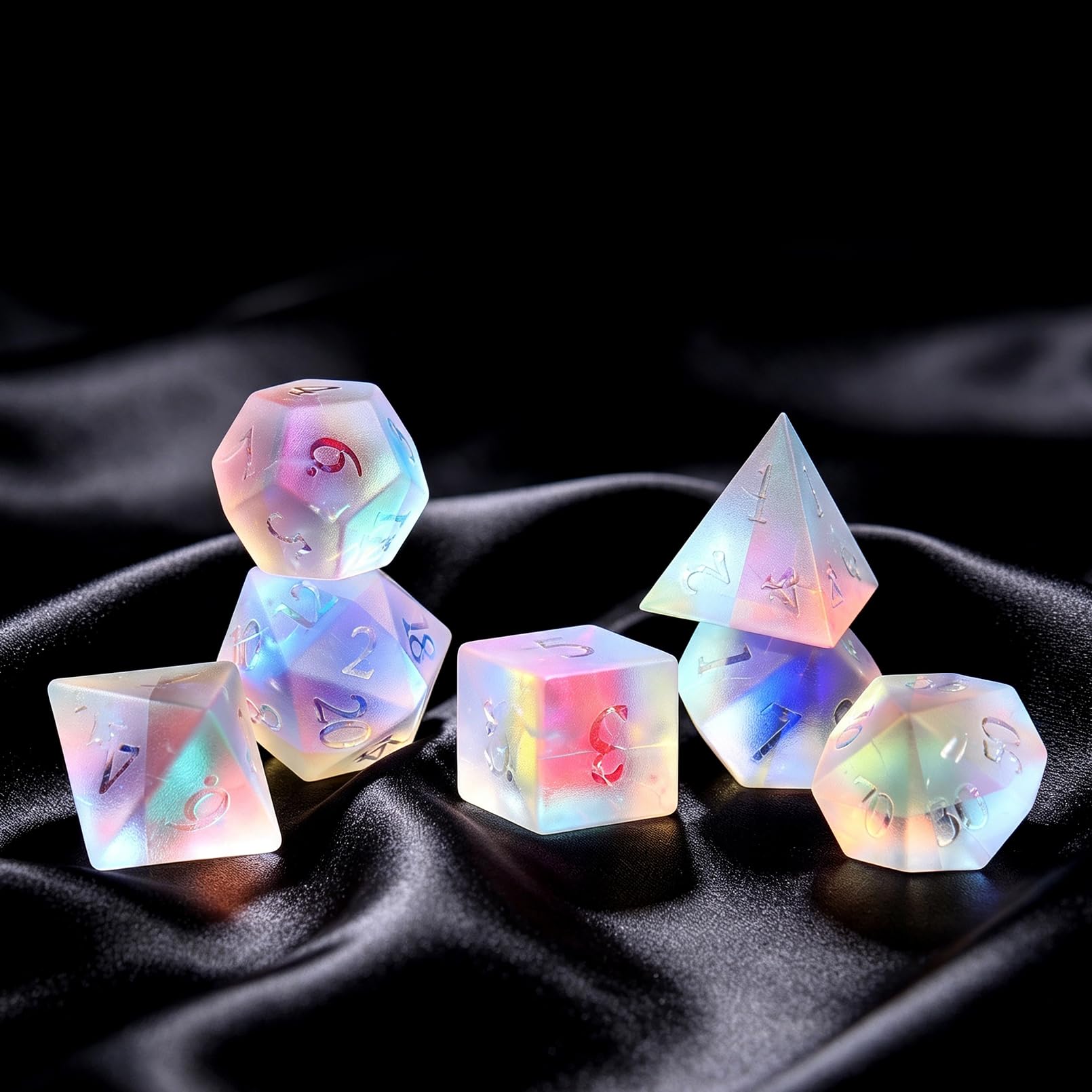 LUCKY-M Set di dadi con pietre preziose, set di dadi per giochi di ruolo da tavolo e da regalo (arcobaleno satinato, Ankh)