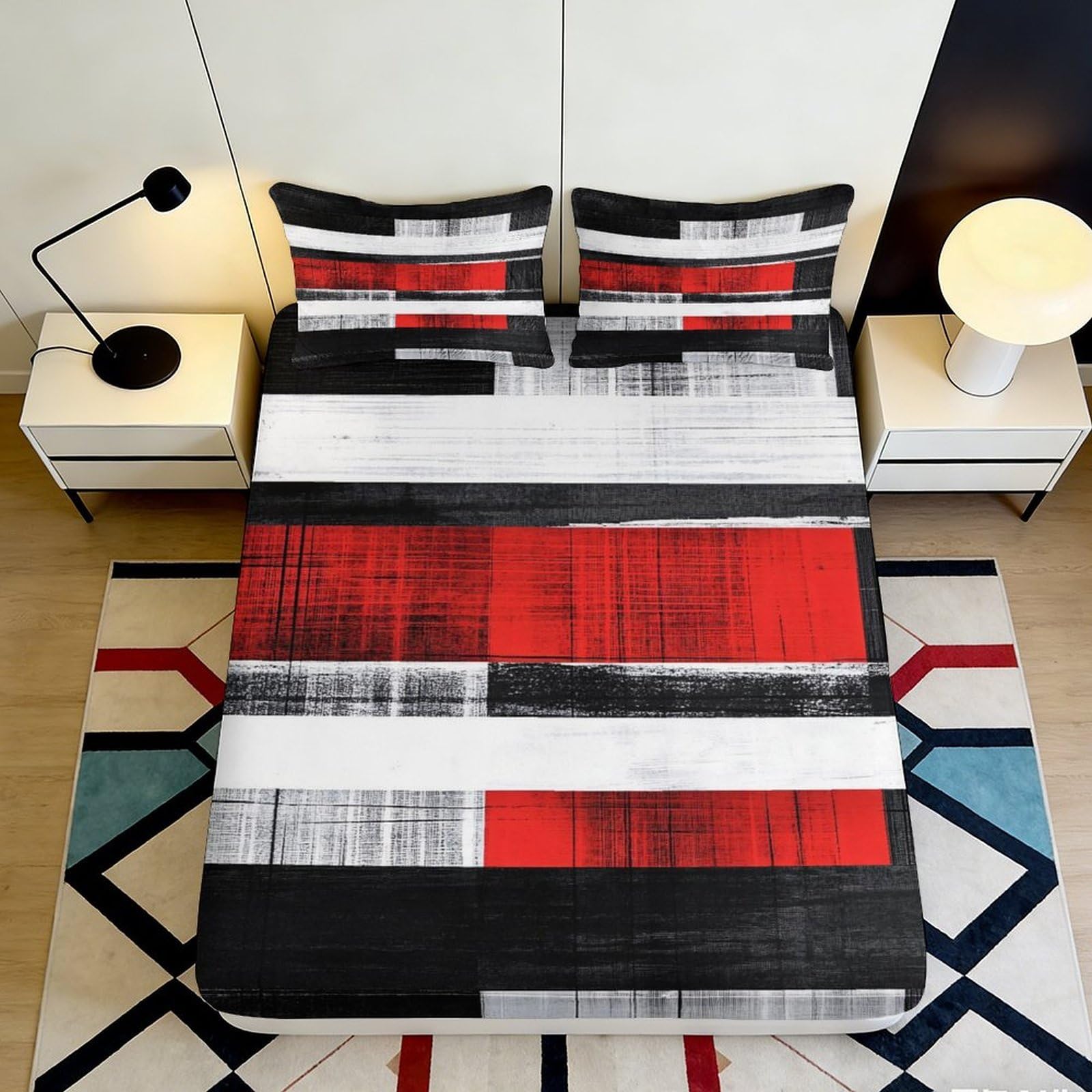 Jqzkxnhpbr Style-4 3D Printed Geometric Red Black Fitted Sheet Microfiber Soft Modern Abstract Bed Cover For Bedroom Guest Room 90X200x25cm