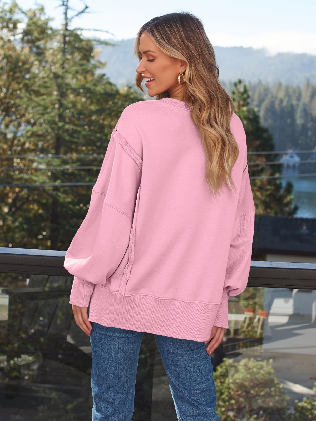 Damskie swetry oversize bluzy z okrągłym dekoltem bluzy zimowe modne ubrania Y2k nastolatki śliczne polarowe stroje 2024, różowy, XL