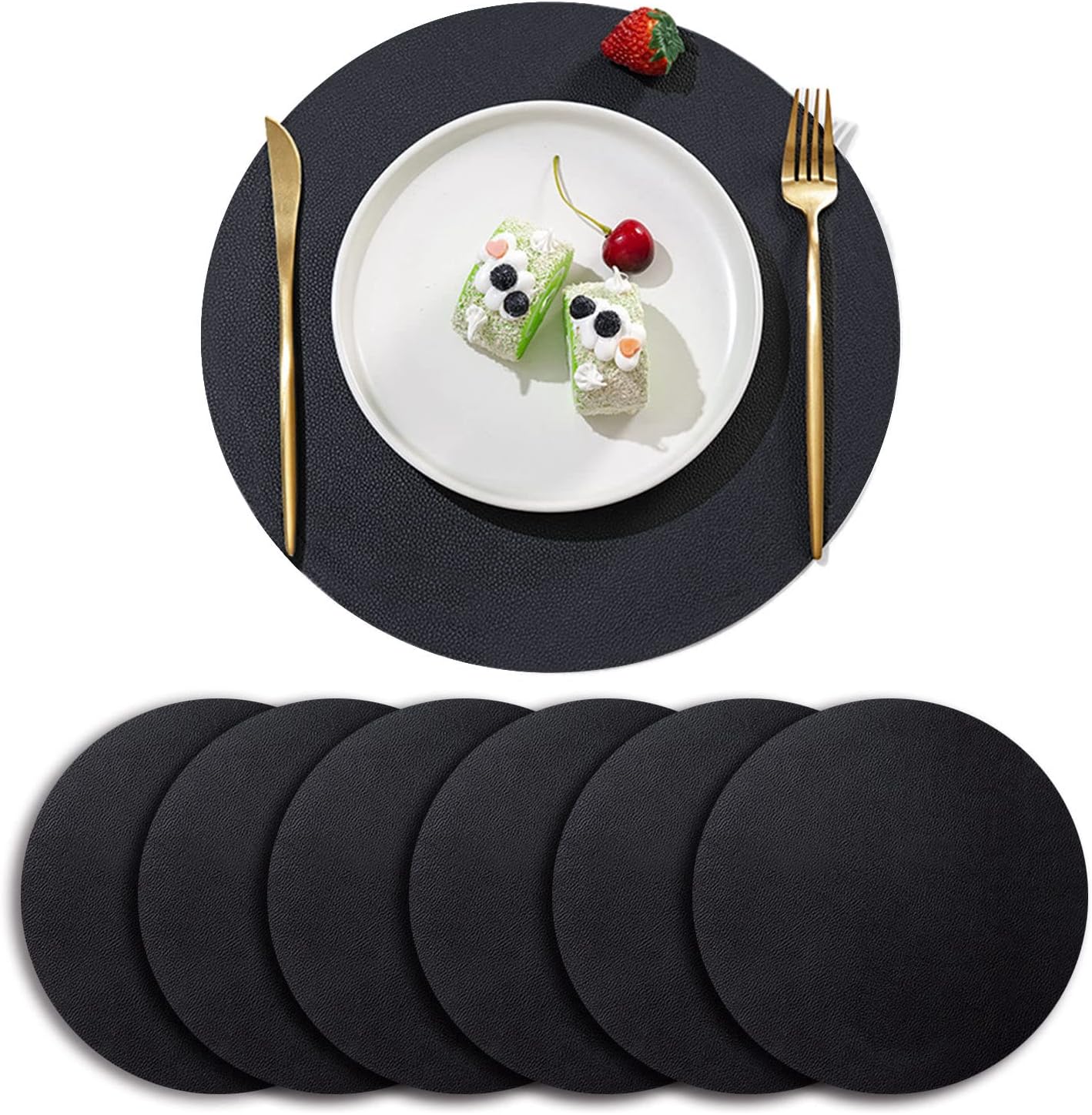 Faux Leather Black Placemats, 13.5" Wipe Clean Stain-Proof Non-Slip Heat Resistant Round Placemats Set of 6, Dining Table Mats for Kitchen Table Plate