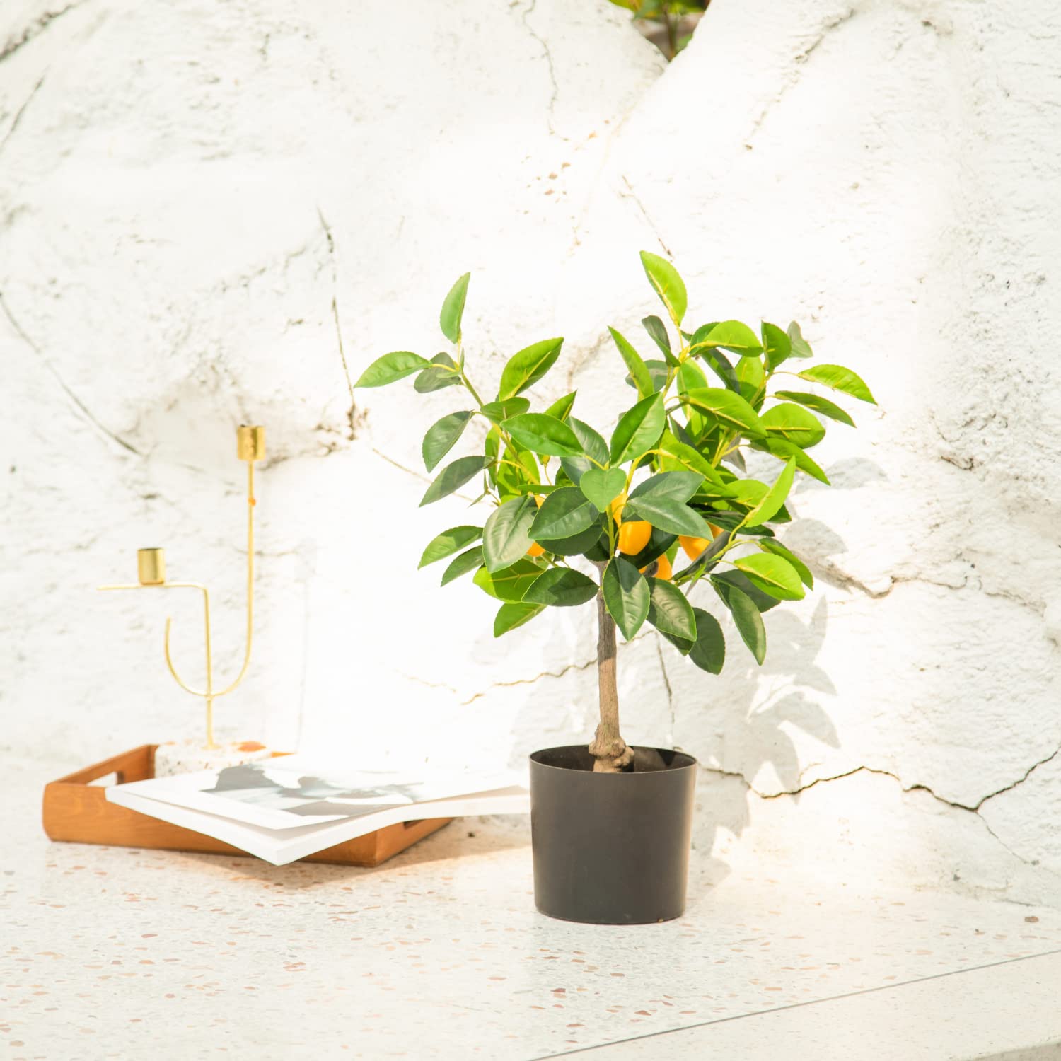 Amazon｜Velener ミニ人工レモンの木 鉢植え盆栽植物 19インチ 黒