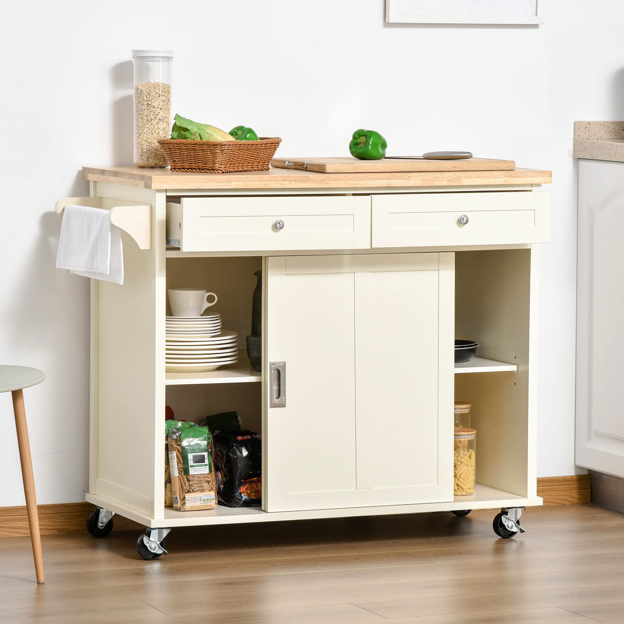 HOMCOM Isola per Cucina in Legno e MDF con Cassetti, Armadietto e Portasciugamani, Carrello da Cucina a 4 Ruote per Utensili, 110x49.5x89.5 cm, Bianco