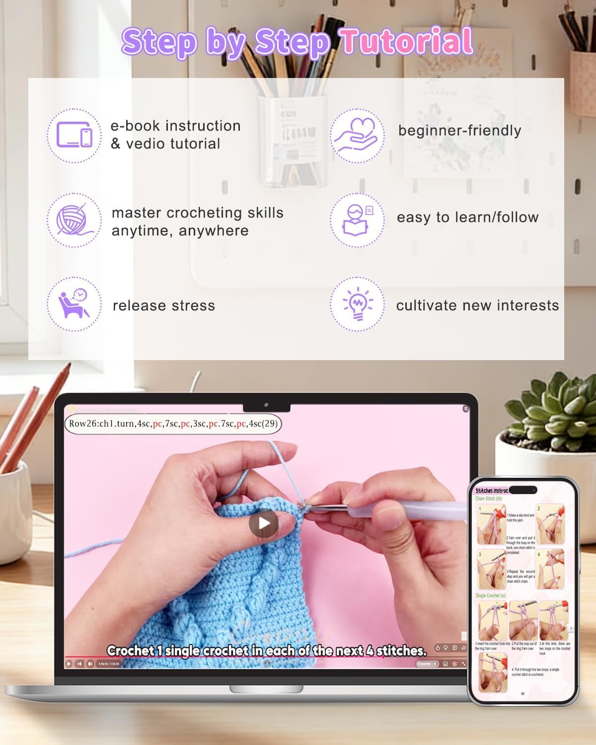 Coopay Häkeldecke Kit, Decke Häkelsets für Anfänger Erwachsene, Komplettes Starter-Häkelset mit Schritt-für-Schritt-Video & genug Garn, einfach zu häkeln 3D Love Granny Square Decke, Rosa-Lila