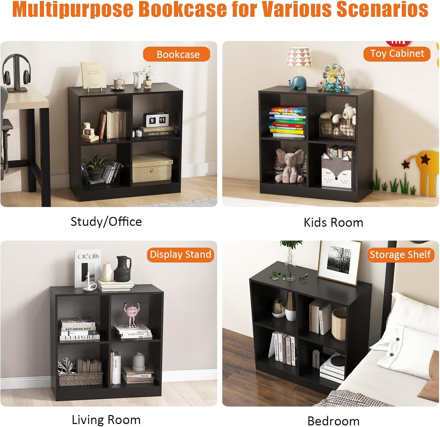 Cube Bookcase, 2-Tier Black Book Shelf with 4 Cubes, Small Bookshelf Under Window, Cubical Storage Shelves for Bedroom, Living Room, Home Office