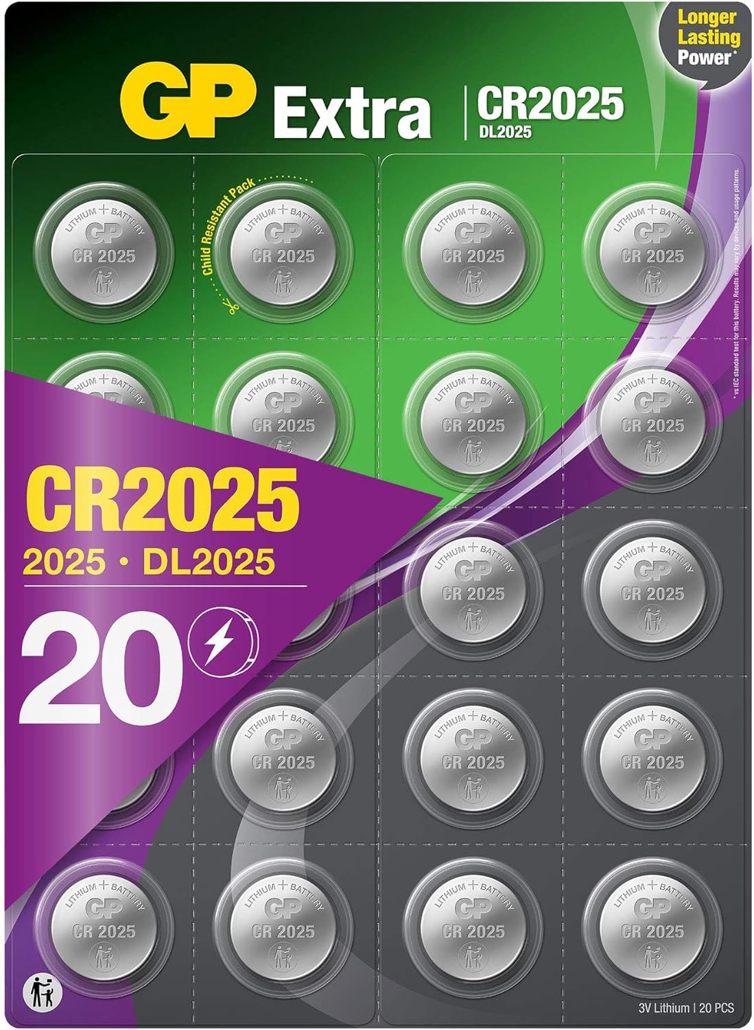 GP CR2025 Batterien 3V Lithium – 20 Stück 2025 Knopfzelle Longlife – langlebig & auslaufsicher durch Extra Technologie – CR2025 Batterien Knopfzellen ideal für Autoschlüssel, TAN-Geräte, Uhren u.v.m.