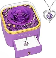 Vista 14 de Beferr Regalos de cumpleaños para mujeres, rosa real preservada con collar, rosas moradas eternas, flores para la entrega, aniversario, día