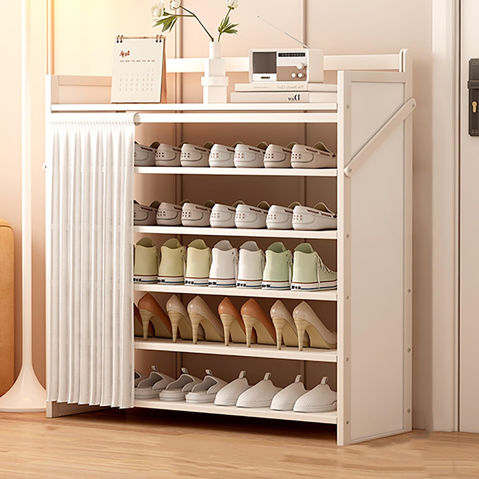 Foldable Shoe Rack No Assembly Required Bamboo Shoe Indoor/Outdoor Storage Shelf Independent Shoe Cabinet for Entryway Camping 2 Tier Black Color(White-6 Layers 35.4in)