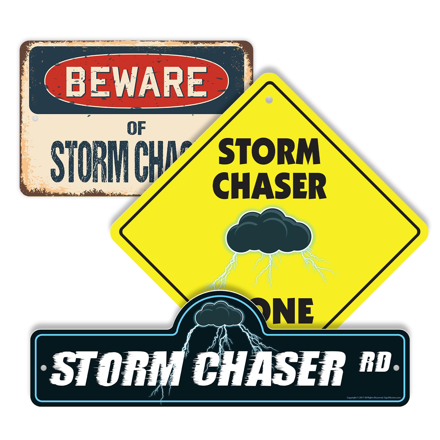 Storm Chaser (3 Pack) Large Plastic Street Sign Crossing Sign Warning Sign Vintage Rustic Beware Warning Xing Weather Adventure Tornado Nature Thrill
