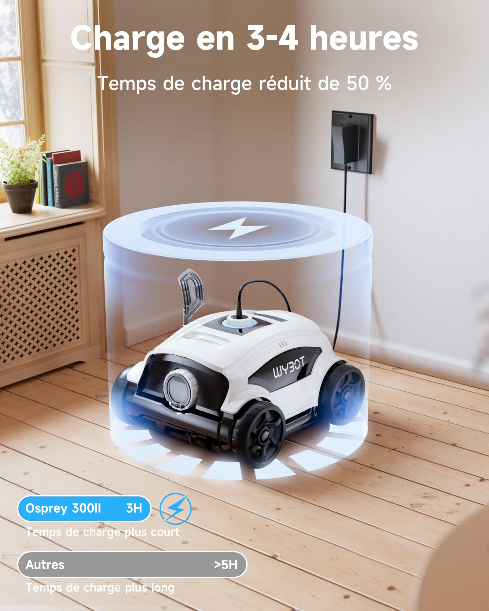 WYBOT Osprey 300II Robot Piscine, Aspirateur Piscine sans Fil avec Batterie,Stationnement Automatique,Nettoyeur Piscine pour Piscines Hors Sol 100 m²,Buse Réglable,120 Min (Noir Blanc)