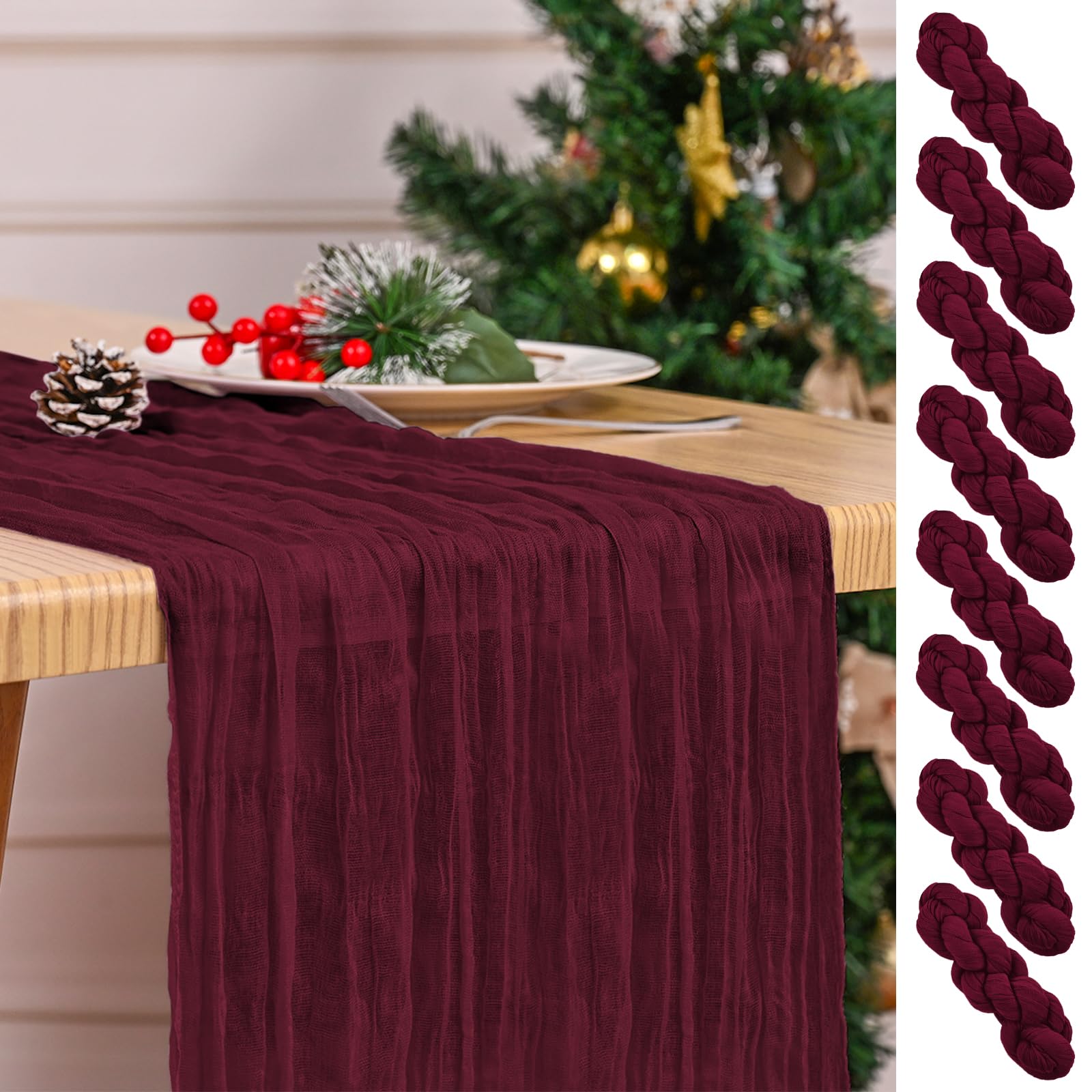 8 Pack Burgundy Table Runner 17 x 108inch Cheesecloth Table Runner Boho Gauze Table Runners for Dining Table Rustic Sheer Fabric Table Runners for Wedding Party Bridal Shower Spring