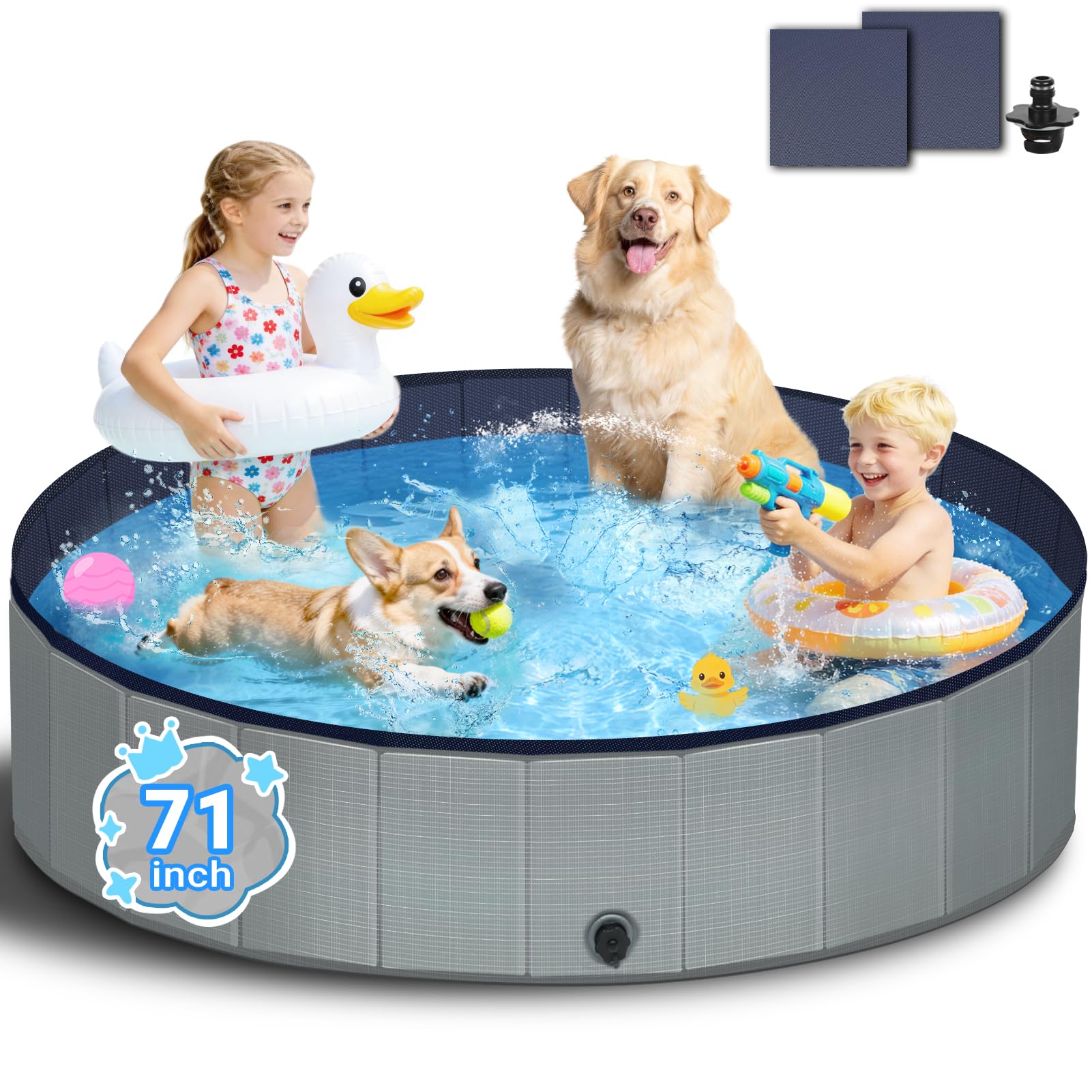 Bamda Foldable Dog Pool - 71" Kiddie Pool with Hard Plastic - Non-Slip Thickened Bottom Portable Dog Swimming Pools for Large Dogs, Multiple Pets &