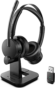 Wireless Headset with Mic for Work, Bluetooth Headset with Microphone for PC, Noise Cancelling Headphones with Mic Mute Button & USB for Call Center/Office/Home/Computer/Laptop/Teams/Zoom