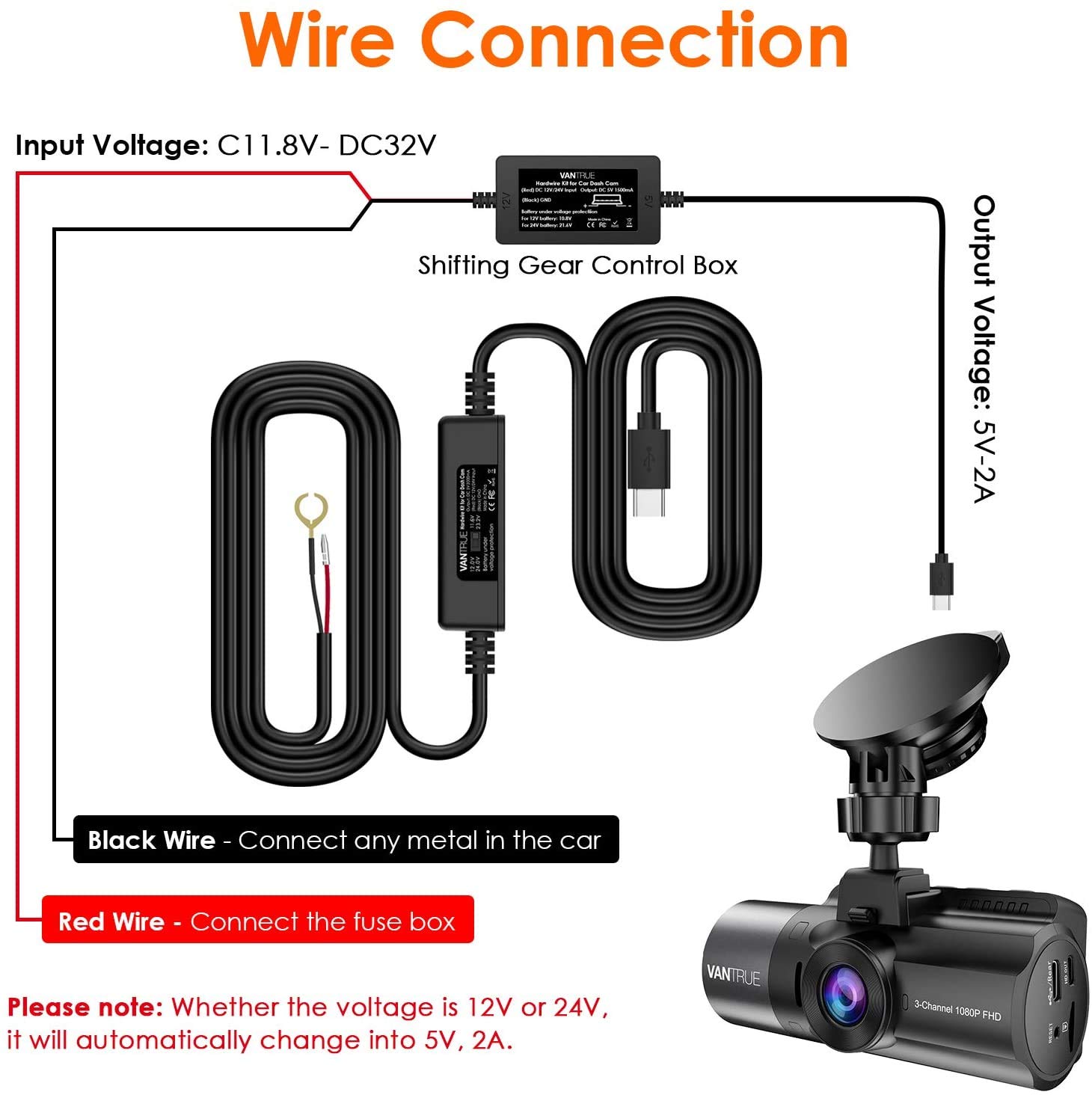 Buy Vantrue 11.5ft Type C USB Dash Camera Hardwire Kit with Switch