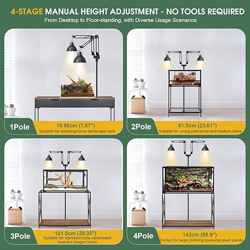 Adjustable Reptile Heat Lamp Stand with 360° Swing Arm – Multi-Height Floor Light Holder for Bearded Dragons, Turtles, Snakes, Chicks, Plants (19.98-142cm Height, 33x21cm Stable Base)