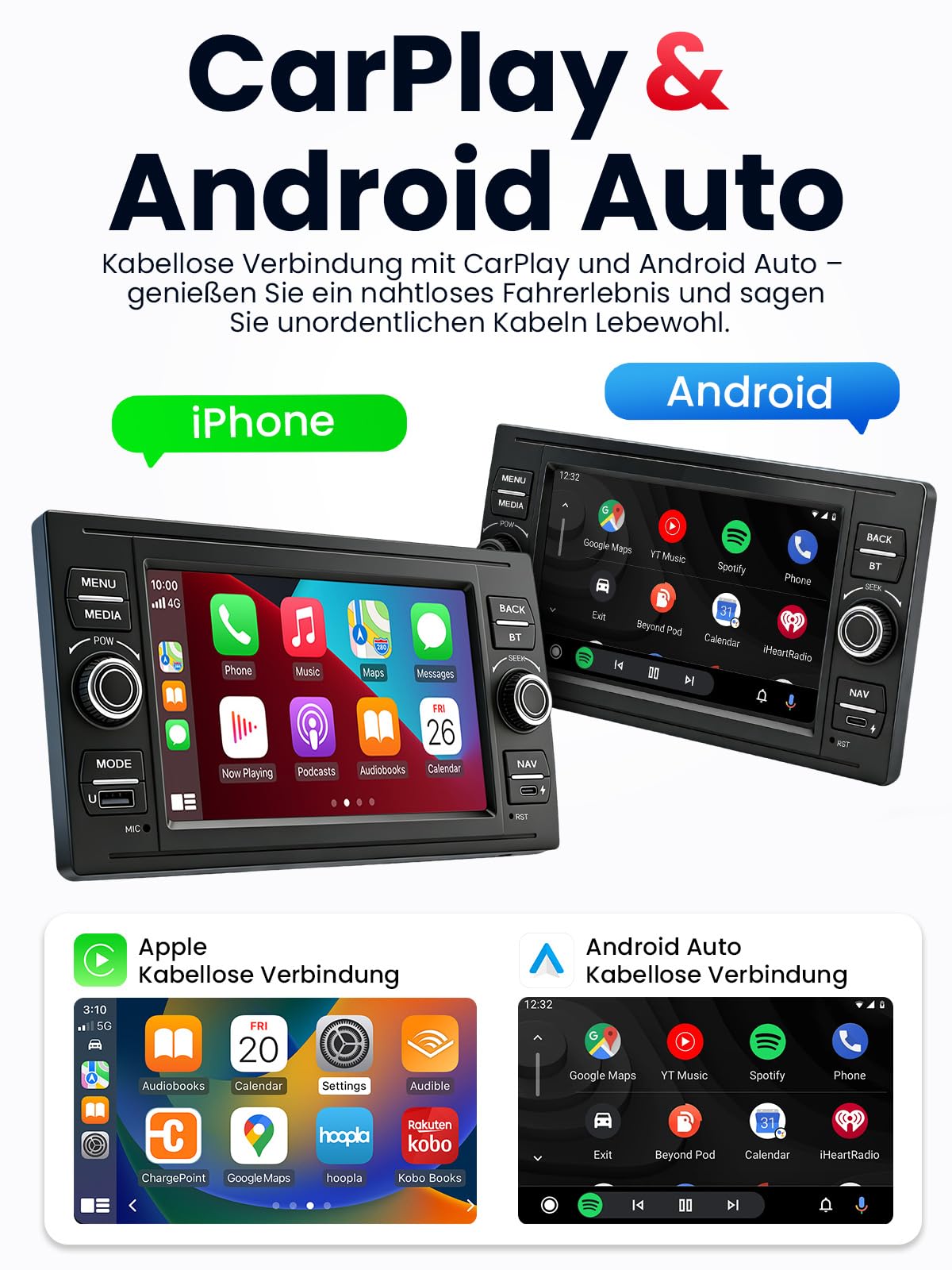 Doppel DIN Autoradio mit Bildschirm für Ford Transit Fiesta Focus Mondeo Kuga, Wireless CarPlay & Android Auto, 7" Auto Radio Touch Display, 4GB+64GB, Bluetooth 5GHz WiFi DAB+ FM AUX GPS