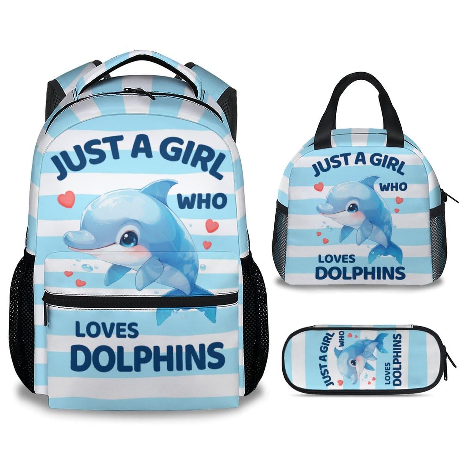 FLEXIMX Girls Backpack with Lunch Box Pencil Case, Dolphin School Backpacks Matching Combo for Kids, Blue Bookbag and Lunch Bag Pencil Pouch Bundle,