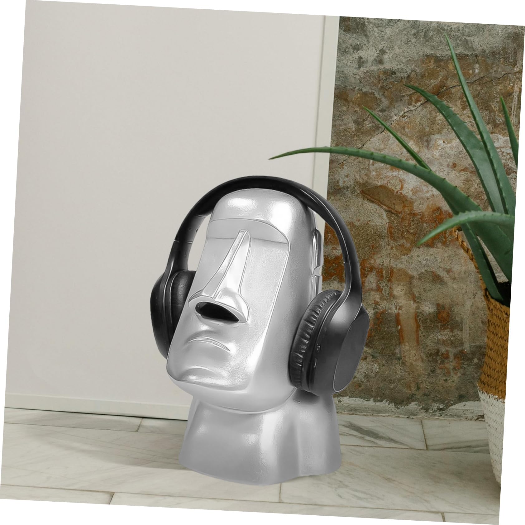 Cabilock Supporto per Cuffie Statua Moai in Resina Argento da Scrivania | Organizer per Piccoli Oggetti, Scenari Ufficio e Casa, Regalo di Natale