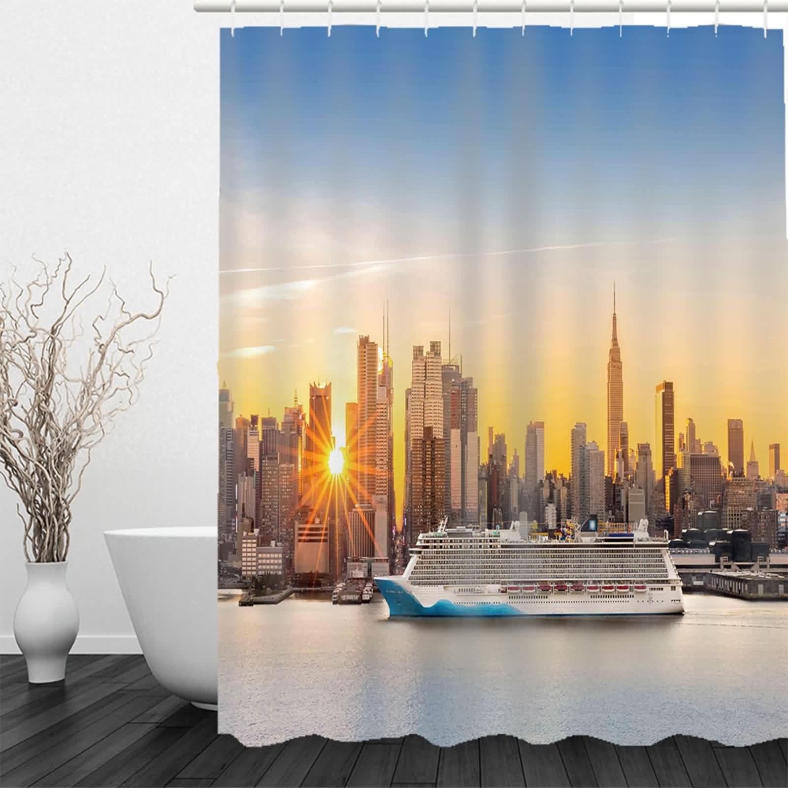 Cortina Baño Pequeña De Ducha Impermeable Casa Botes Río Cortinas Bañera Tela Blue Orange Gray 220x180cm
