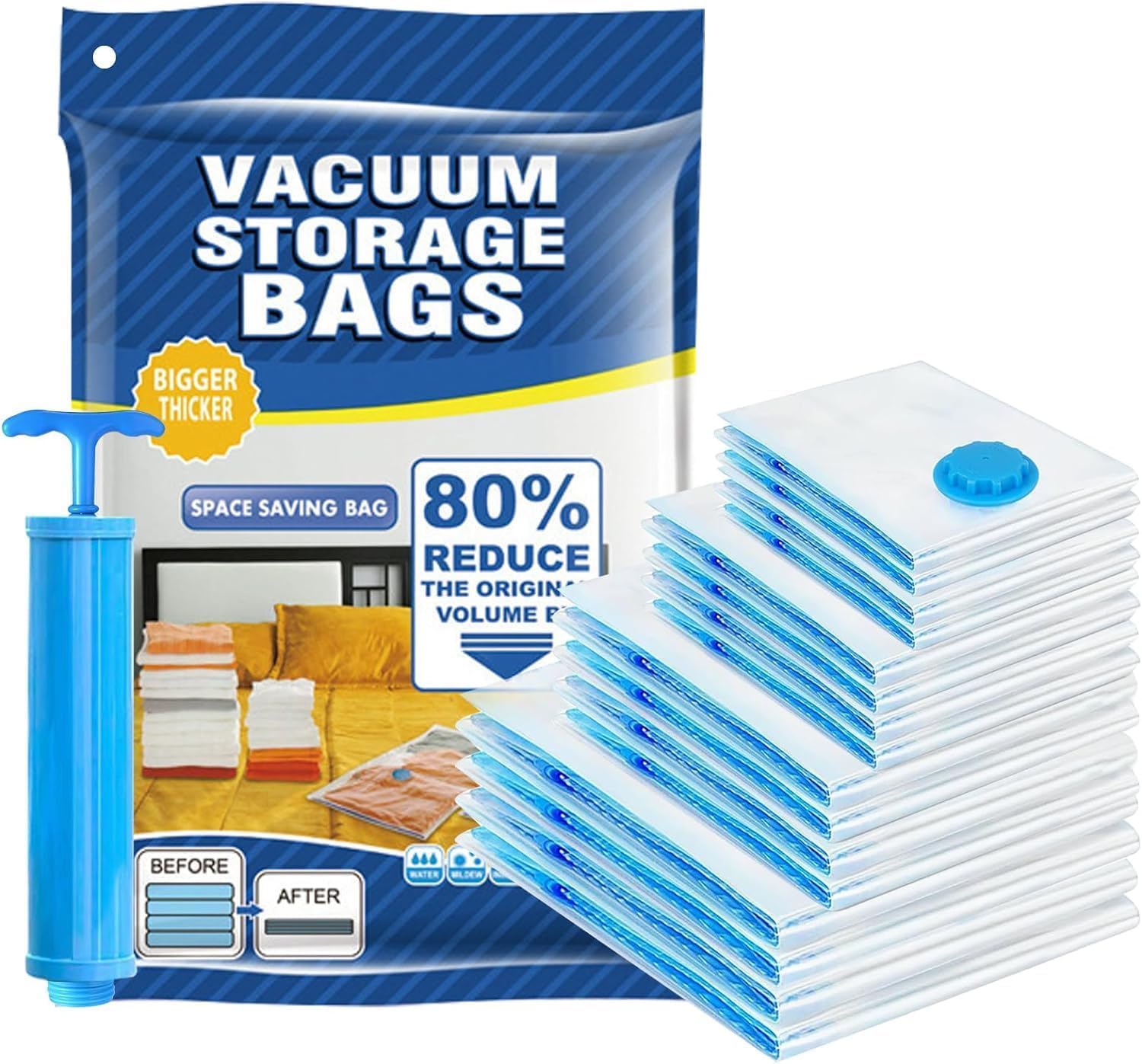Vacuum Storage Bags – Pack of 6 (1 Jumbo, 2 Large, 2 Medium) with Free Hand Pump | Space-Saving Compression Bags for Clothes, Bedding, Duvets & Travel | Airtight, Waterproof & Reusable Sealer Bags