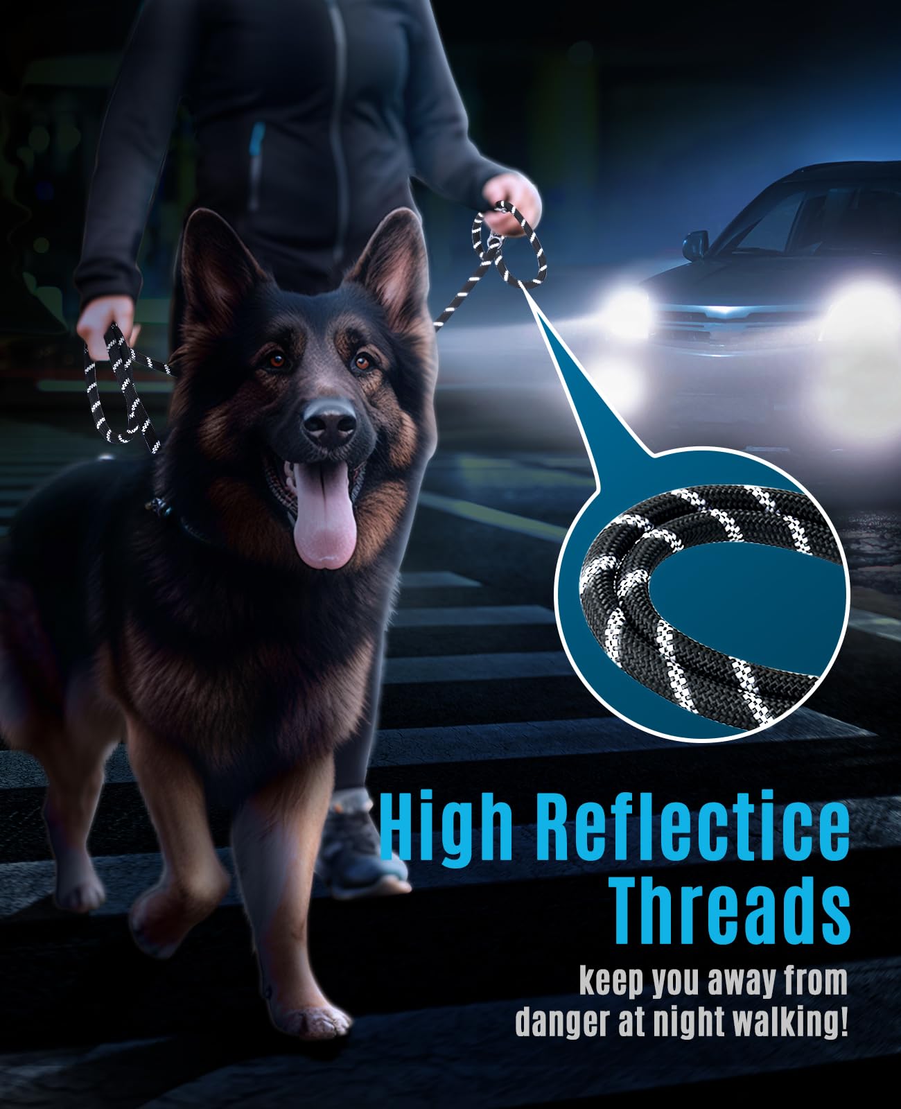 Oneisall Guinzaglio per Cani di Taglia Grande e Media (15-60kg), a Mano Libera da 3m e Doppio Con Catarifrangente, Resistenza Fino a 200kg