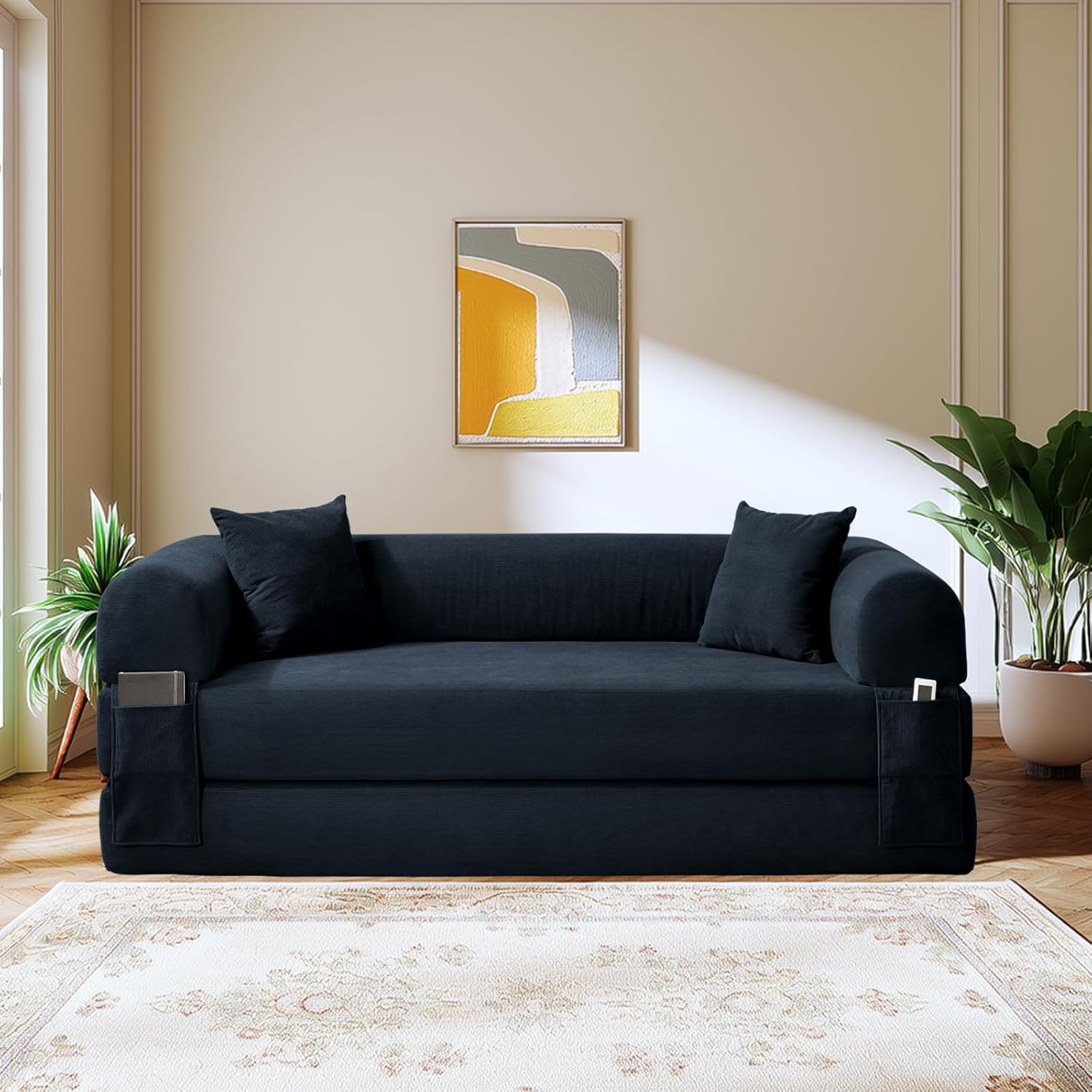 80 Inch Convertible Sofa Bed,Folding Pull Out Couch with Pillows & Storage Pocket,Corduroy Queen Sleeper Sofa in a Box,No Assembly Boneless Couch for Living Room,Deep Blue