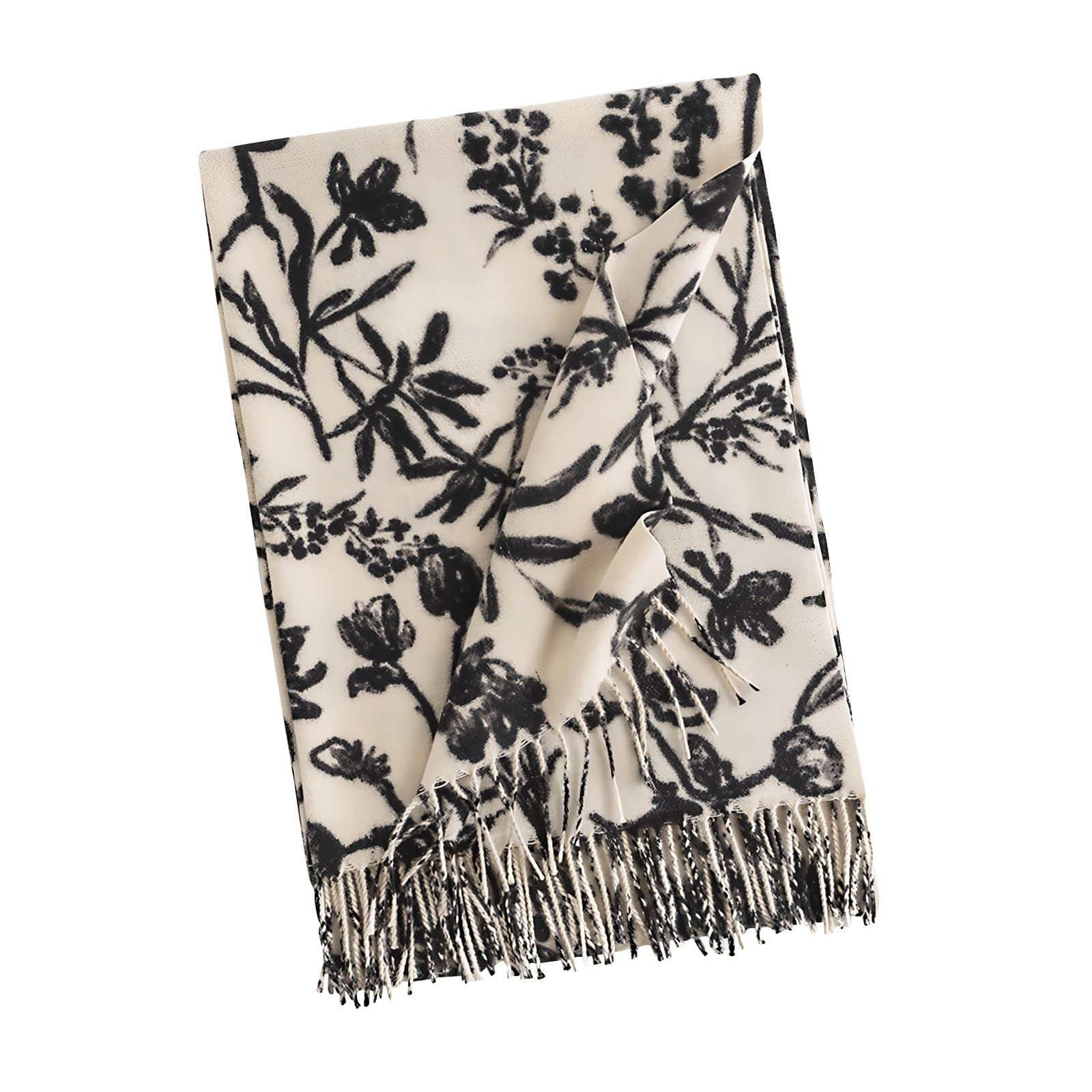 Lumisyne Women's White Winter Scarf Cashmere Shawl For Ink Flower Pattern Pashmina Scarves With Tassel Long Neck Scarf Soft Warm Wraps Stole