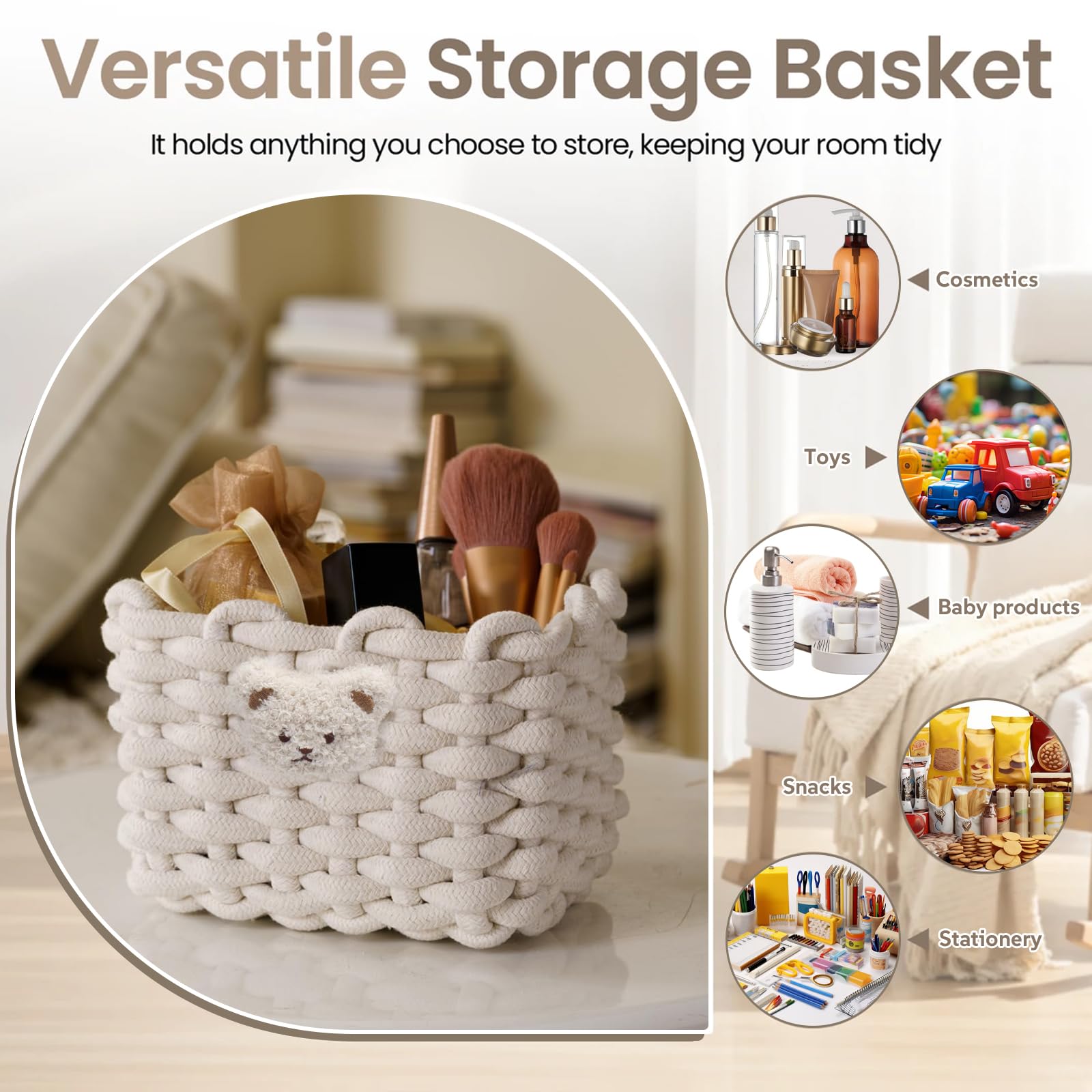 2 Pièces Paniers de Rangement en Corde de Coton, Panier de Rangement à Langer Empilables, Petit Panier Tressé Carré Organisateur Bébé, pour Chambre de Bébé Bain Salon, Blanc