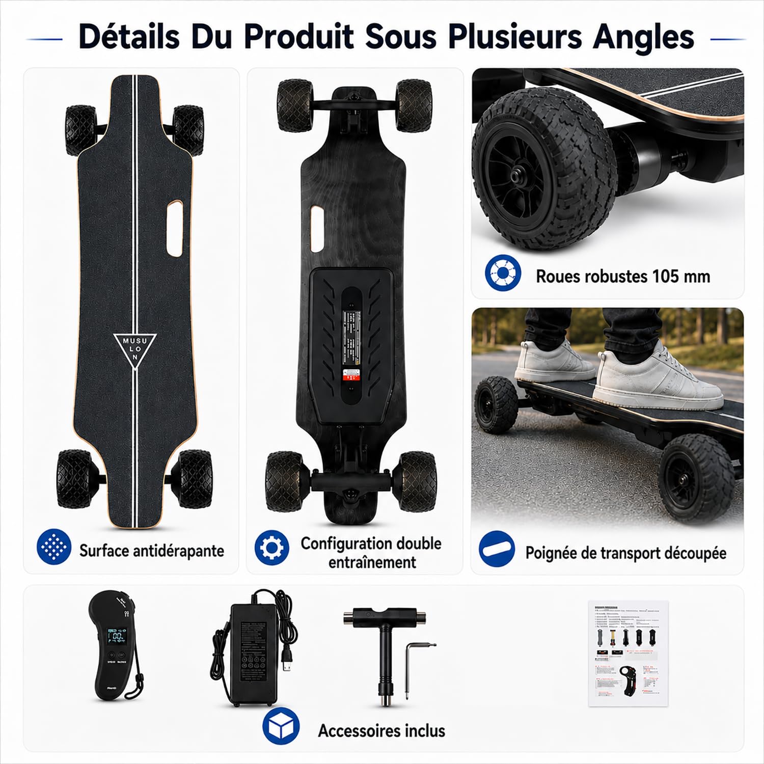 Skate Électrique Portable 105mm Double Moteur Télécommande LCD