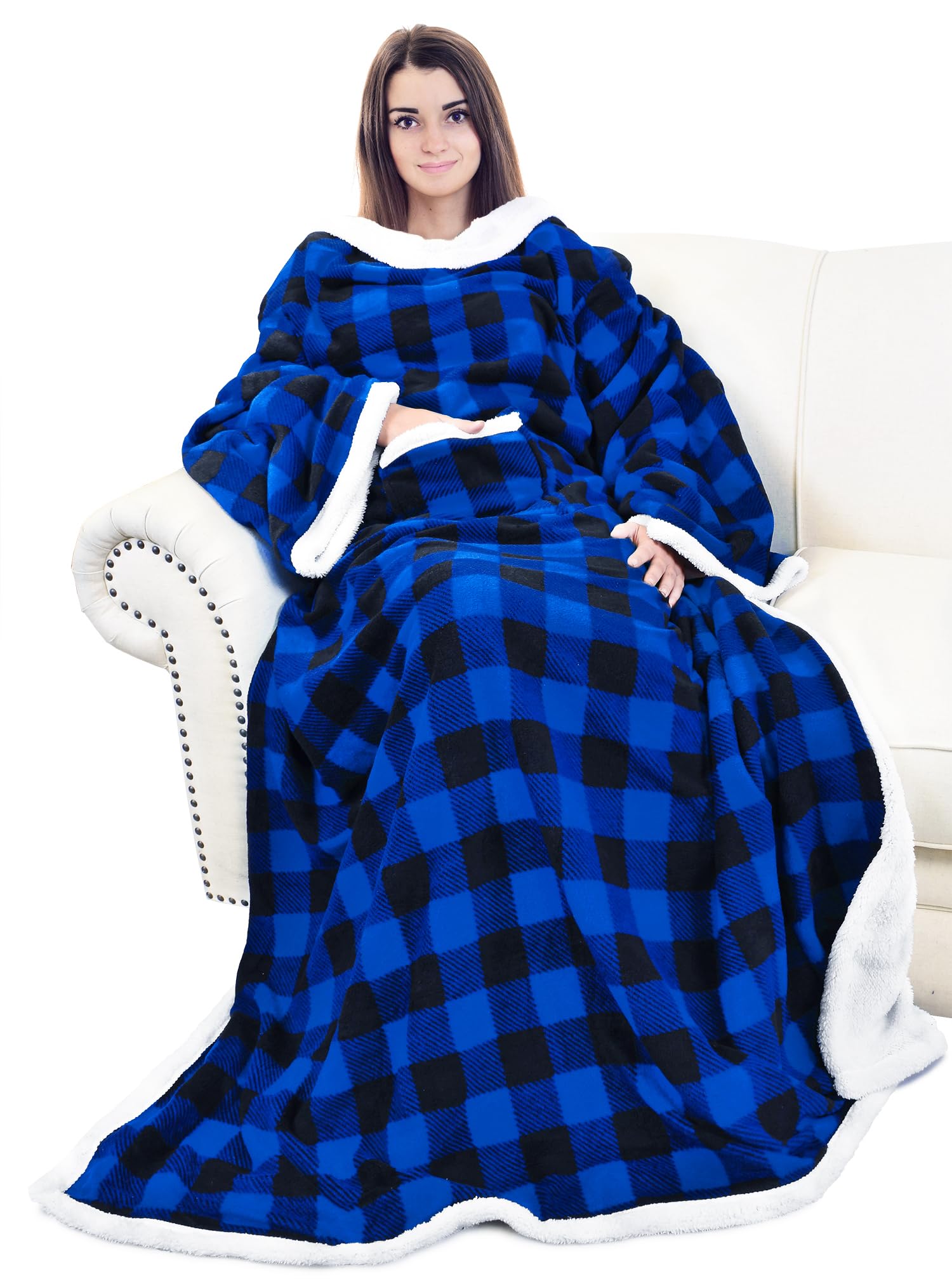 CataloniaBuffalo Plaid Sherpa Wearable Blanket with Sleeves Arms, Super  Soft Warm Comfy Large Fleece Plush Sleeved TV Throws Wrap Robe Blanket