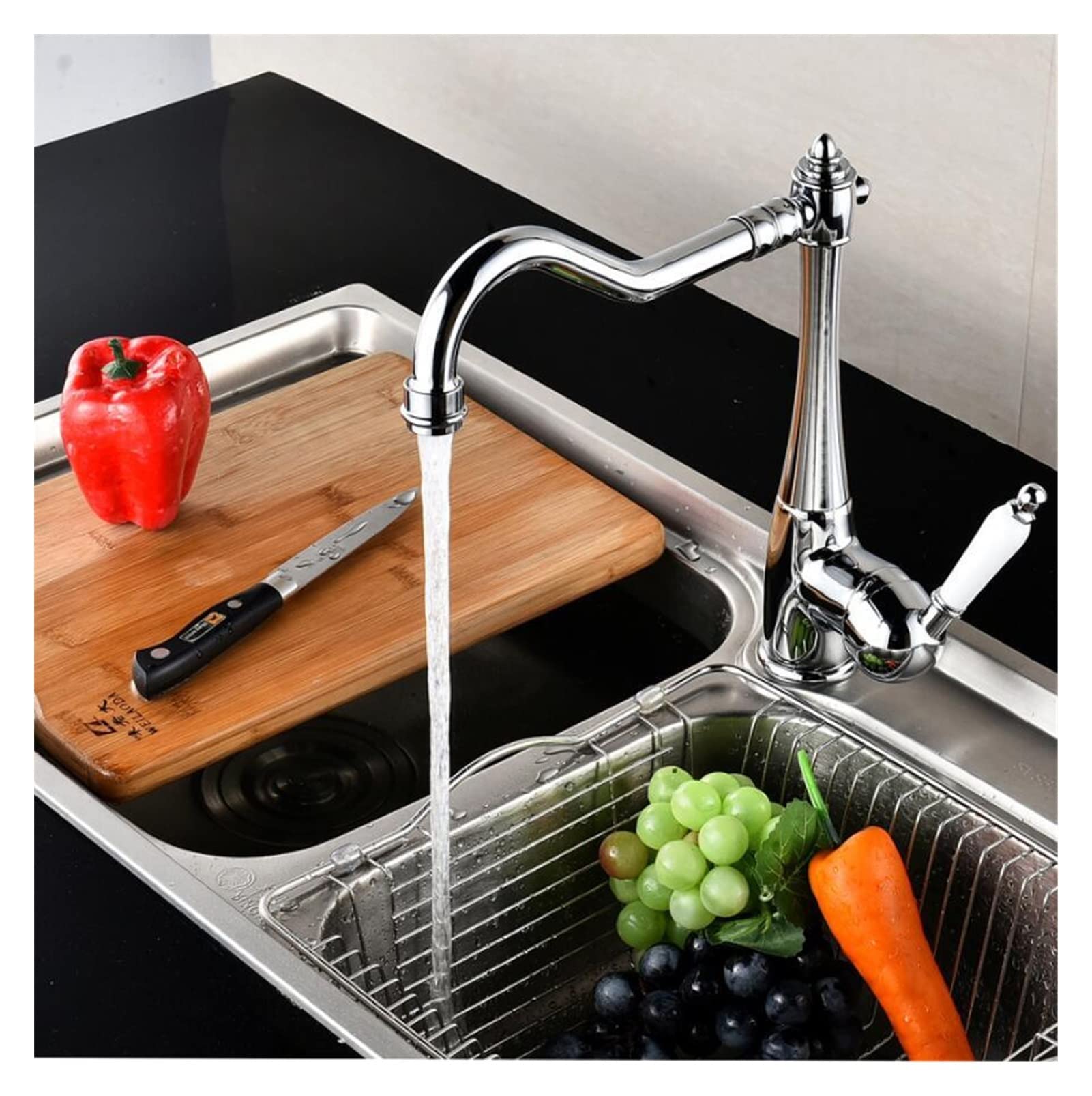 Grifo de Cocina, Grifo de Cocina de un Solo Asiento, Grifo de Fregadero de Cocina de un Solo Orificio, caño Giratorio, Mango de cerámica, Grifo de latón Dorado/níquel Comfortable Anniversary
