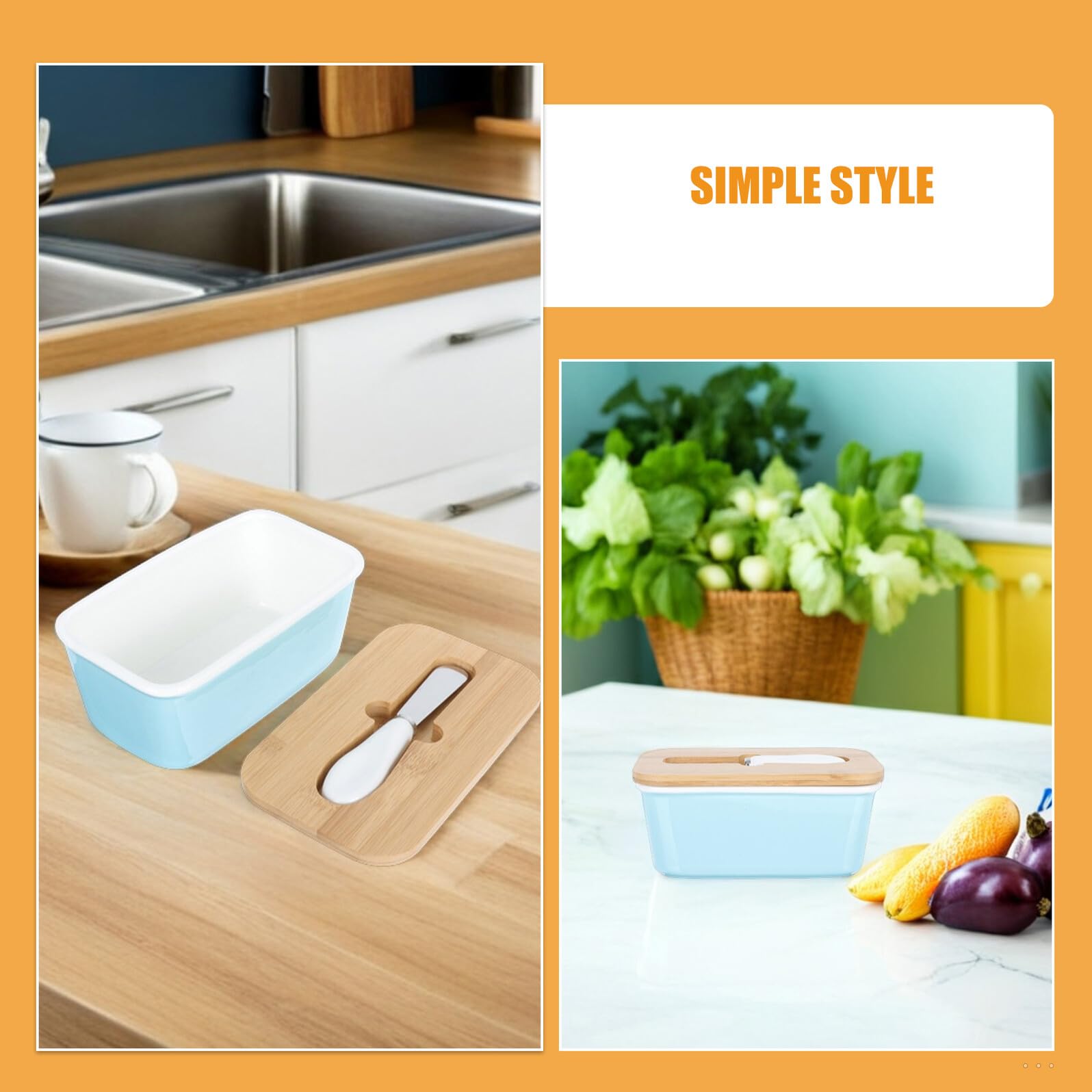Veemoon Beurrier Rectangulaire en Céramique 600 Ml avec Couvercle Hermétique en Bois et Couteau Intégré Beurrier Décoratif pour Réfrigérateur Cuisine Conservation Optimale du Beurre et