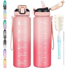 CodiCile 1L Water Bottle with Straw,Water Bottle Dishwasher Safe,Leak-proof Sports Drinks Bottle with Time Maker & Bottle Brush,Non-Toxic for Running,cycling, Gym, School & Office,Pink rosy