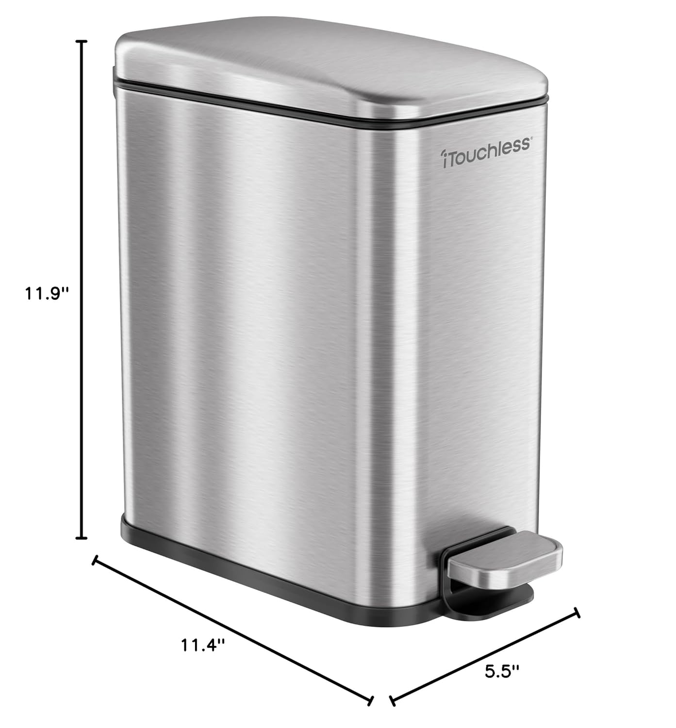 iTouchless SoftStep 1.3 Gallon Slim Bathroom Trash Can with Odor Filter and Removable Inner Bucket, Stainless Steel, 5 Liter Small Garbage Step Bin, Bathroom, Bedroom, Business, Home, Office Cubicle