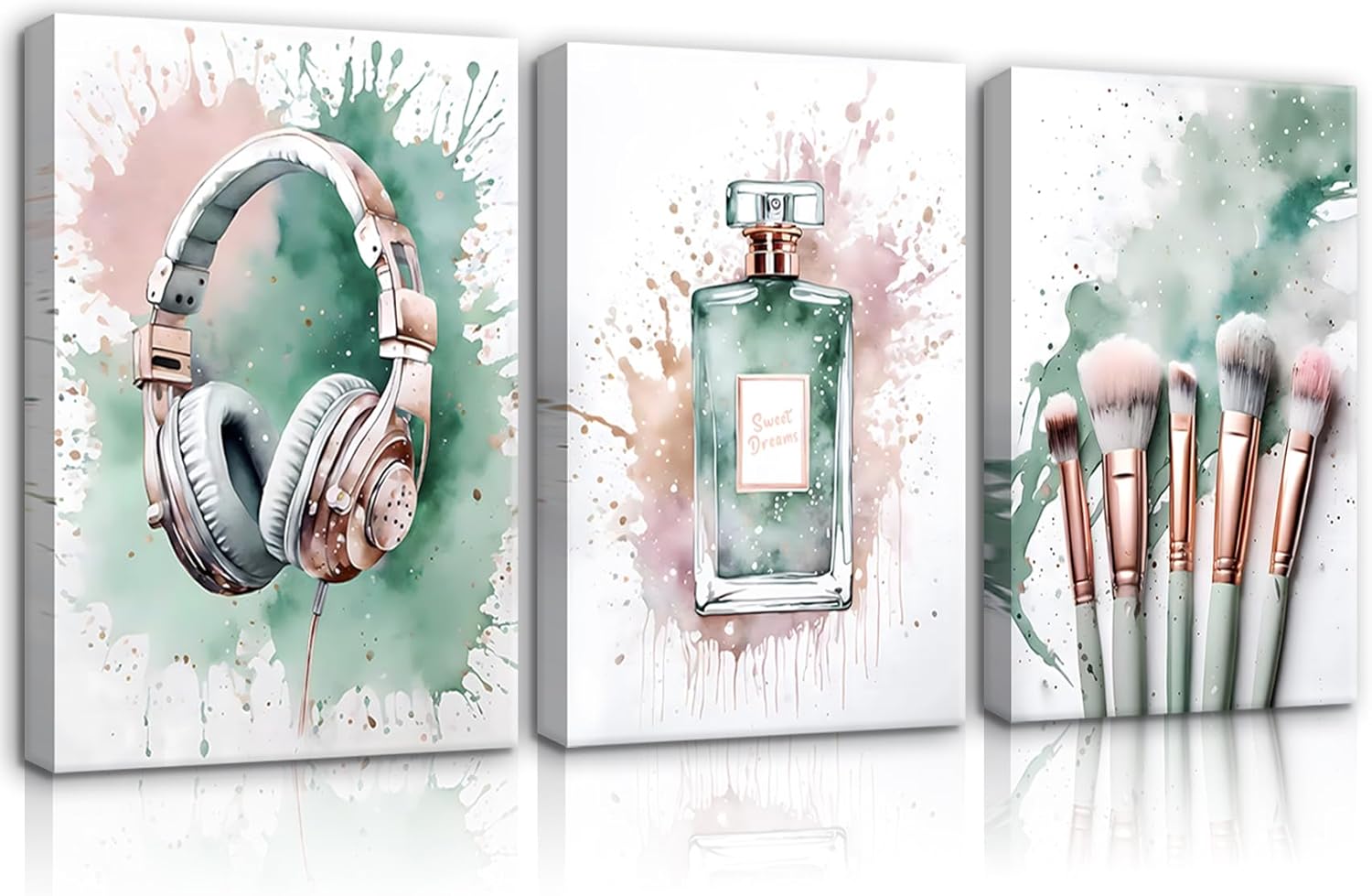 3Pcs Tween Teen Girls Bedroom Wall Art Pictures Teenager Music Lovers Posters Wall Decor Sage Green Rose Gold Silver Painting Perfume Makeup Brushes Headphones for Mature Girl Dorm 16x24in canvas