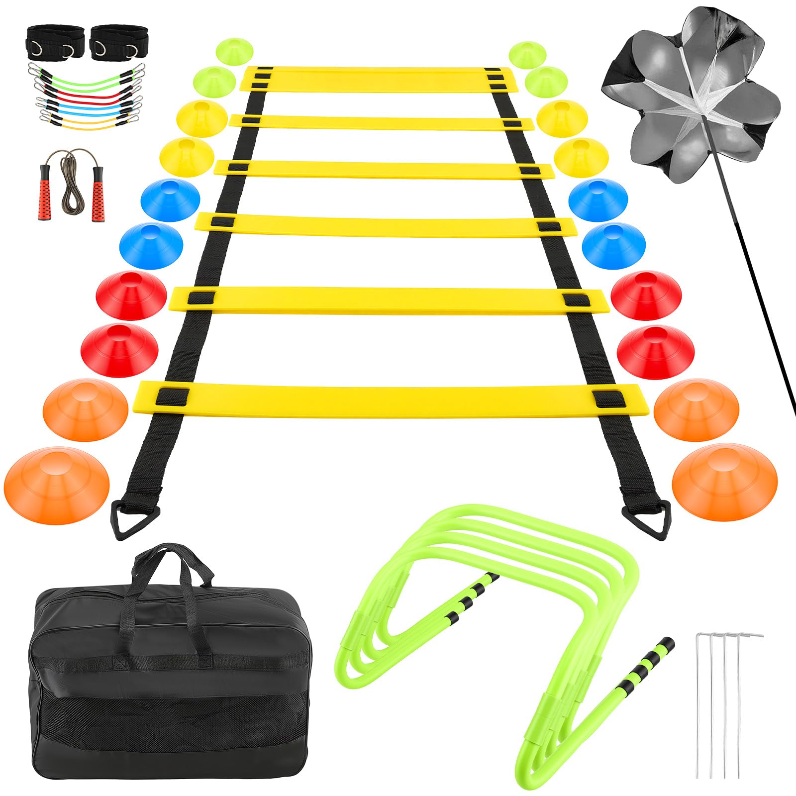 Kit Entraînement Foot - Échelle Coordination 6m, 20 Plot, Haies Réglables, Corde à Sauter & Bandes Résistance | Set Complet Sac Transport | Accessoire Foot pour Ados & Adultes