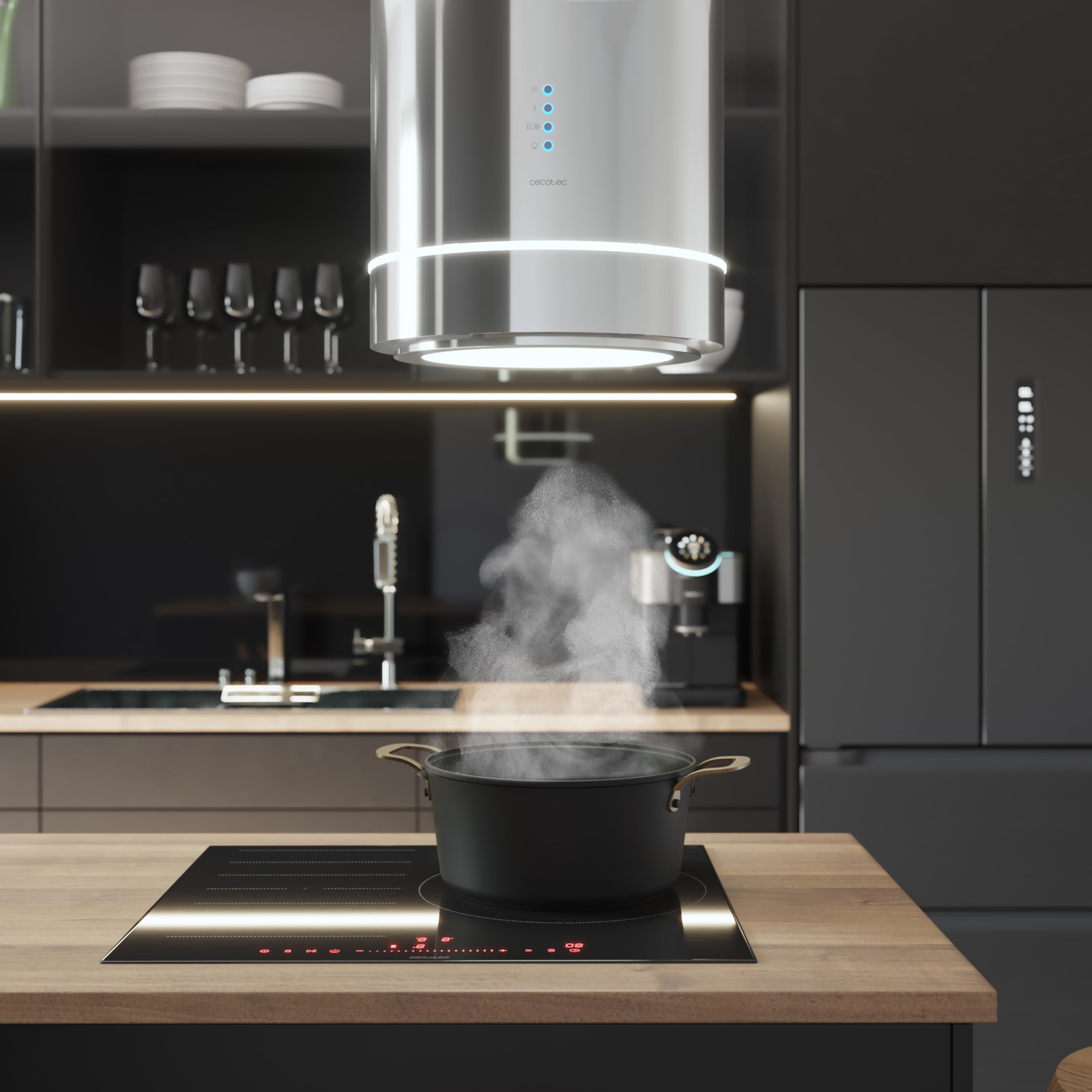 Cecotec Cappa Aspirante Isola Rotonda 38cm Bolero Flux Ire 388000 Inox A++. Aspirazione 712m3/h, Motore 210W, Controllo Elettronico, Pannello LED, Filtro Carbone, Design Elegante Inox