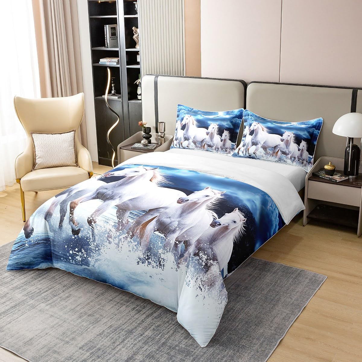 Homewish Housse de Couette Cheval Blanc Coton 220x240,Housse de Confort Respirante Ferme Wildlife Lune,Housse de Confort Cheval de Course 3D avec Cravate Zippée pour Enfants,Adolescents,Adultes,Bleu