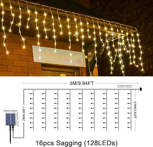 Miniatura 3 de JIMACRO Guirnalda de luces solares, 16 piezas de 2.6 pies, 128 luces LED de cortina con control remoto, 16.4 pies de cortina de luces impermeables