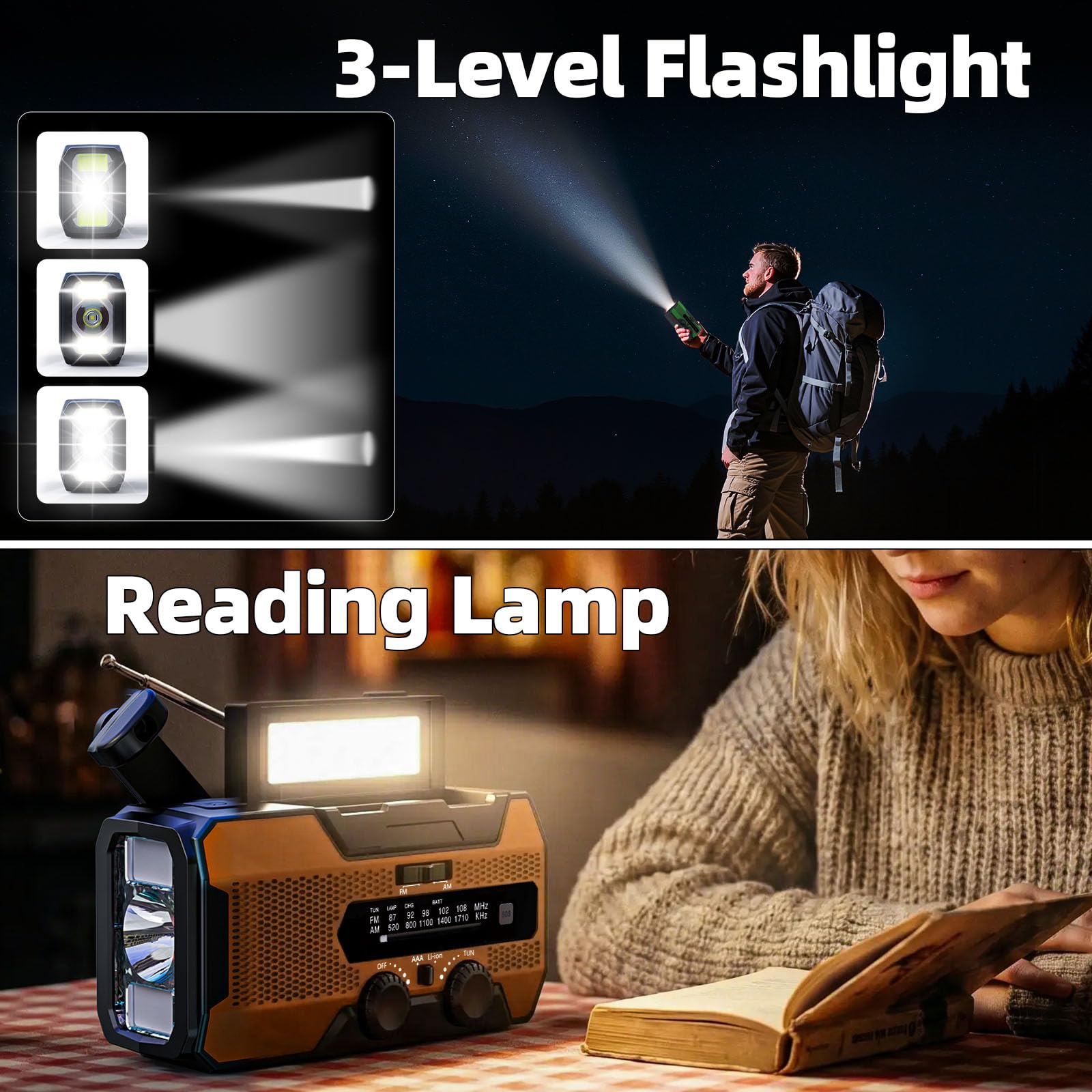 SOLARBABY A1 Radio a manovella, Radio Solare Portatile con 10000mAh Powerbank, AM/FM Radio di Emergenza Solare con Torcia Luce di Lettura Allarme SOS USB per Emergenze Blackout Campeggio, Arancione