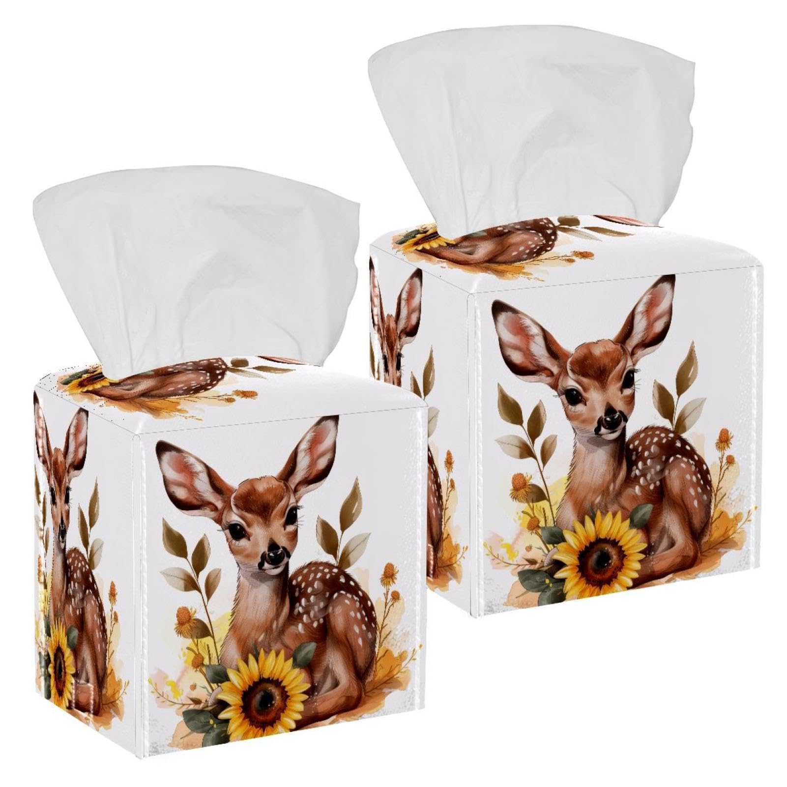 Deer Sunflowers Tissue Box Cover, 2 Pack PU Leather Square Facial Tissue Dispenser Box holder for Home Office Car