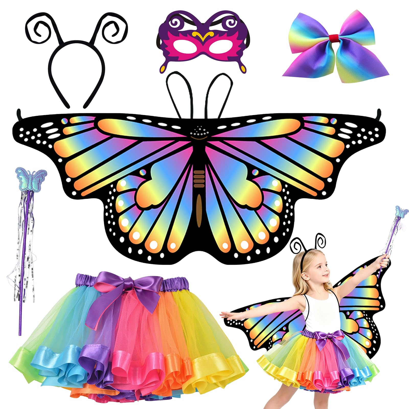 6 Pcs Butterfly Costume Kids Girls Dress Up, with Butterfly Wings Colorful Tutu Hair Clip Headband Wand Mask, Animal Costume Kids for Halloween Carnival Cosplay Party