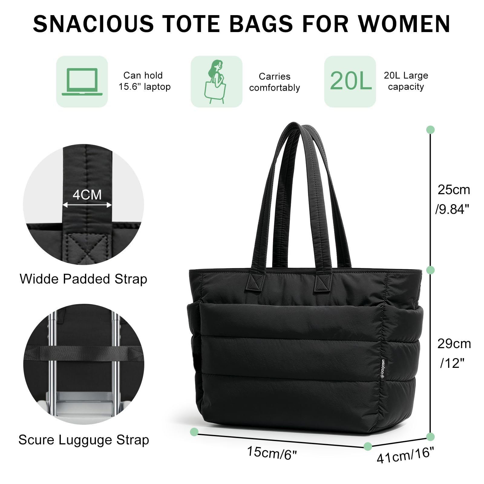 bagasin Borsa Tote a Mano da Donna, Borsa a Tracolla da Viaggio a Grande Capacità per Laptop da Lavoro, con Scomparto, Multi-Tasca, Leggera, per Lavoro, Viaggi, Fitness, Nero & Beige